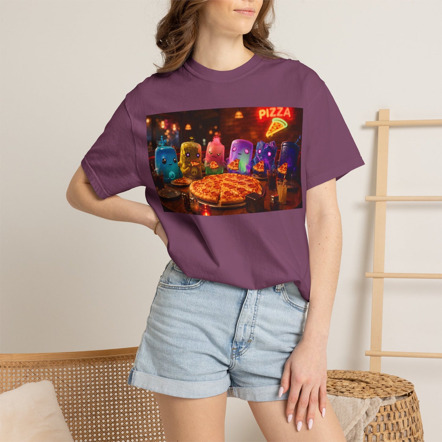 Pizza Night Ghosts T-Shirt — Neon Retro Pizza Party Tee