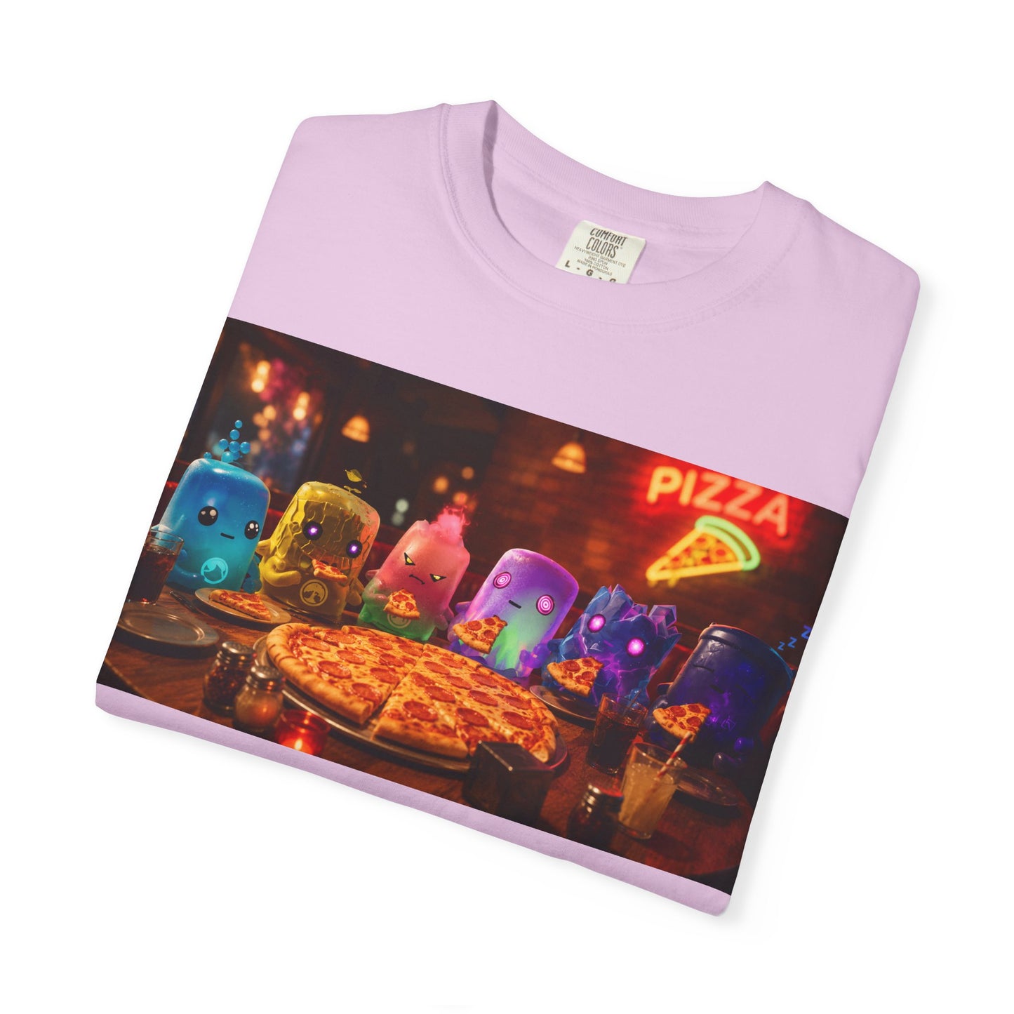 Pizza Night Ghosts T-Shirt — Neon Retro Pizza Party Tee