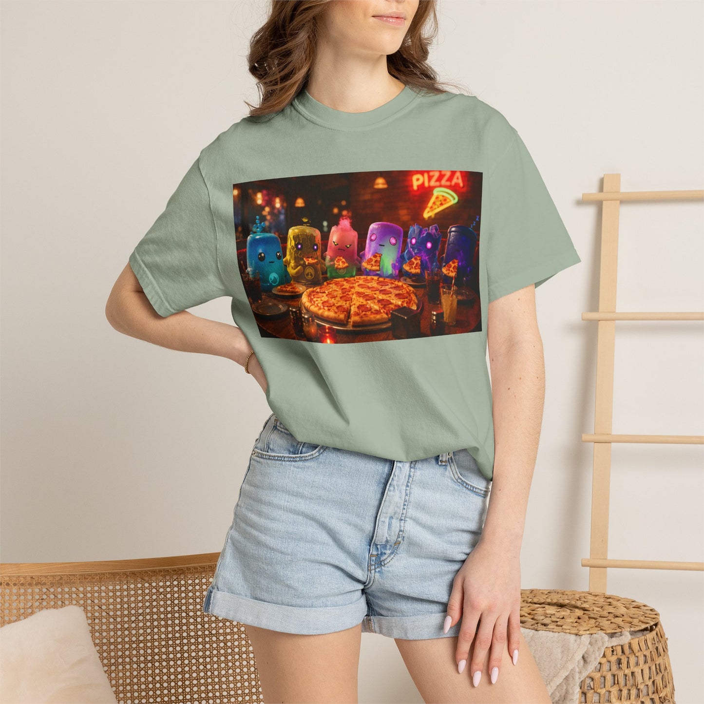 Pizza Night Ghosts T-Shirt — Neon Retro Pizza Party Tee