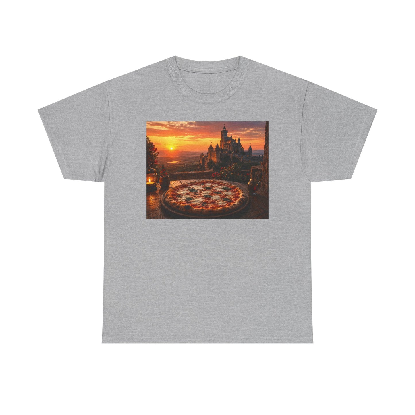 Pizza Sunset T‑Shirt — Scenic Castle & Pizza Print Tee