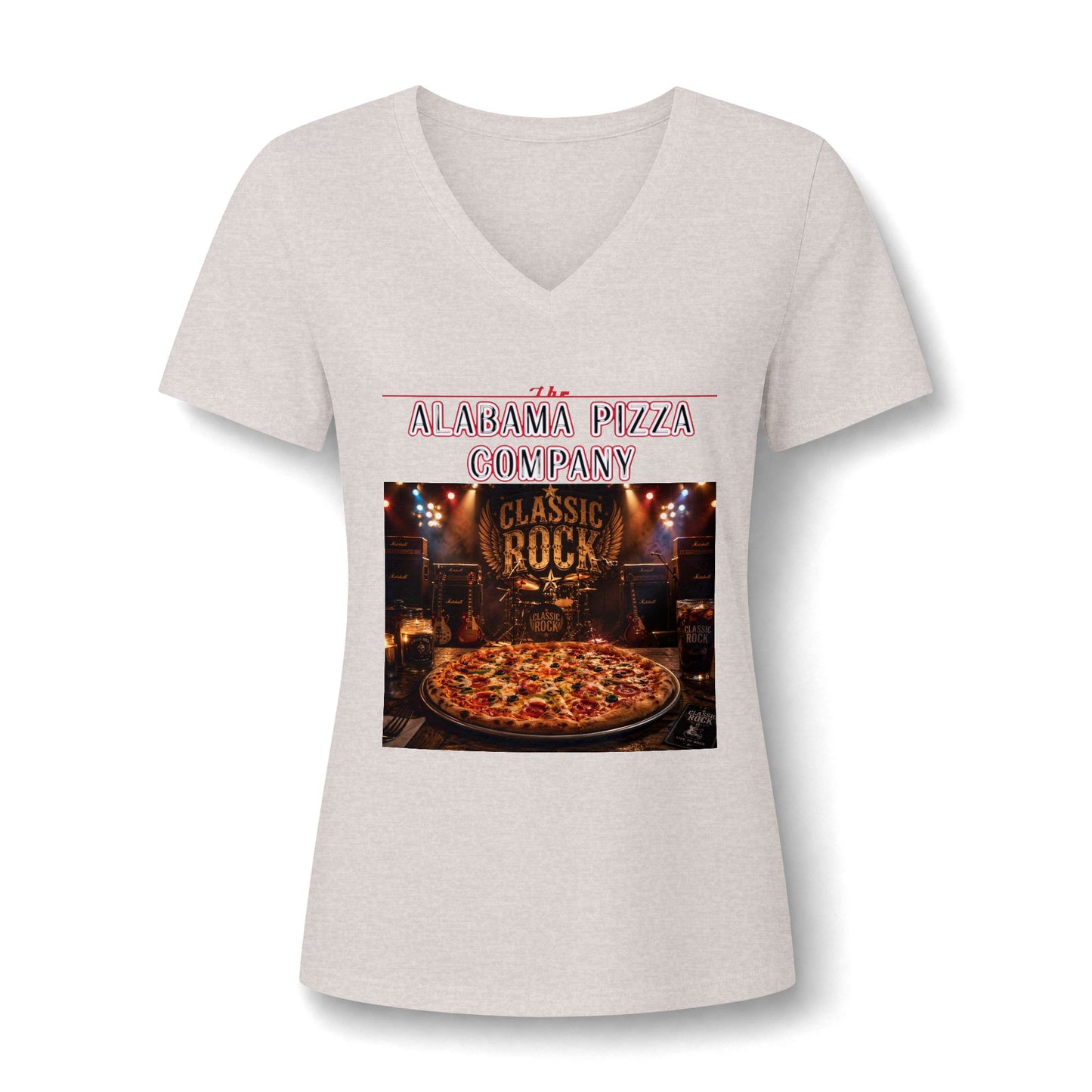 Pizza Company V-Neck Tee — "Classic Rock" Pizzeria Graphic