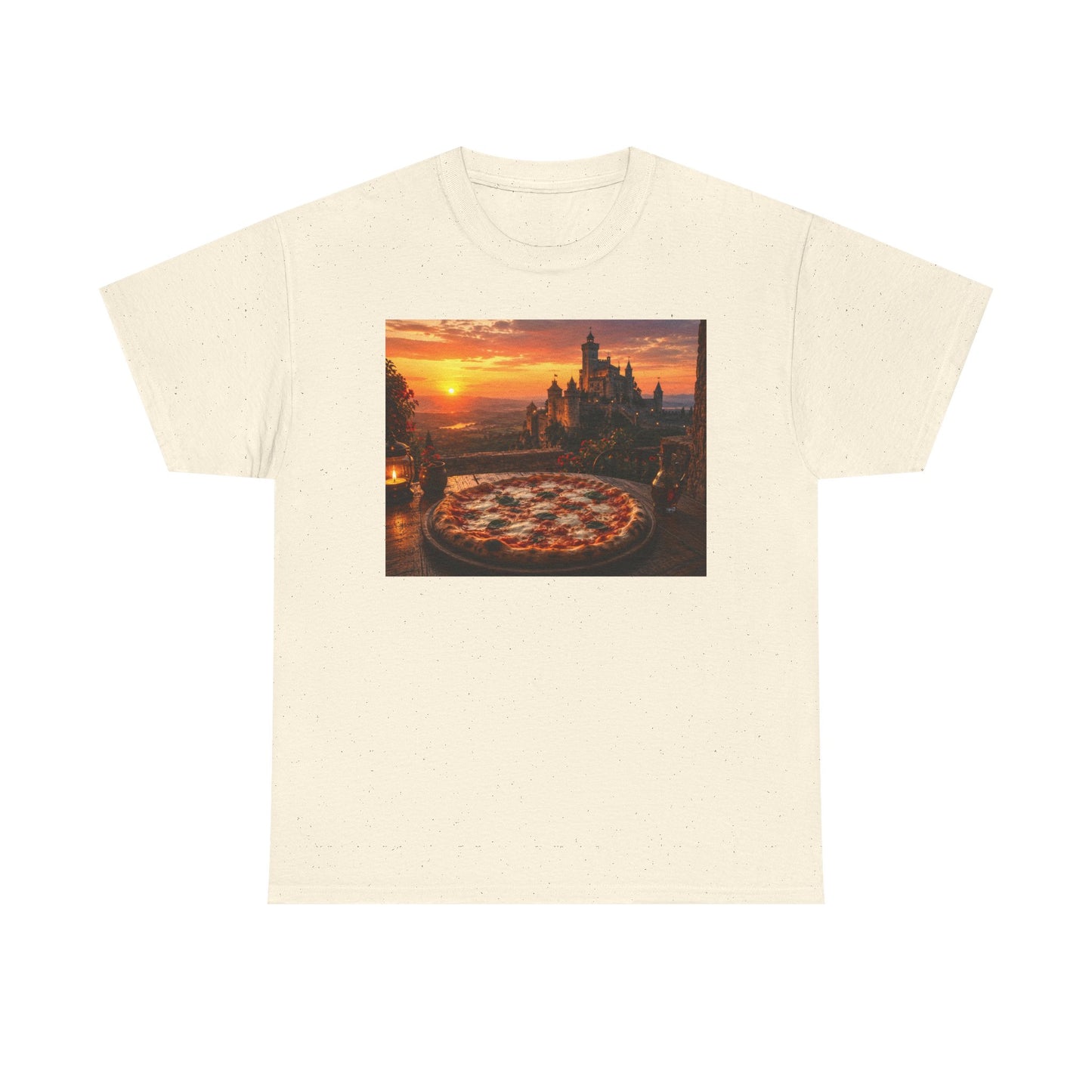 Pizza Sunset T‑Shirt — Scenic Castle & Pizza Print Tee