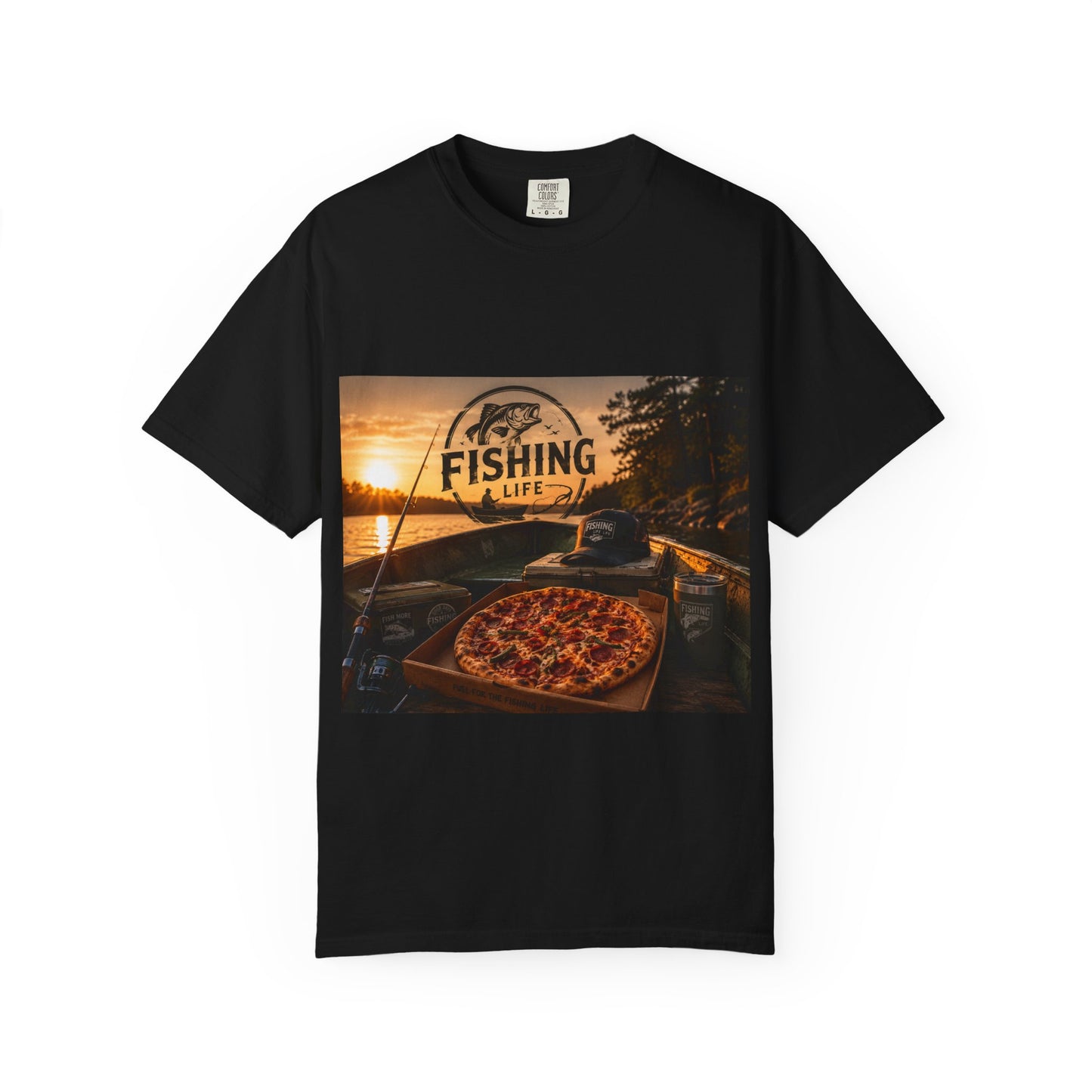 Fishing Life T-Shirt — Sunset Boat Pizza Graphic Tee