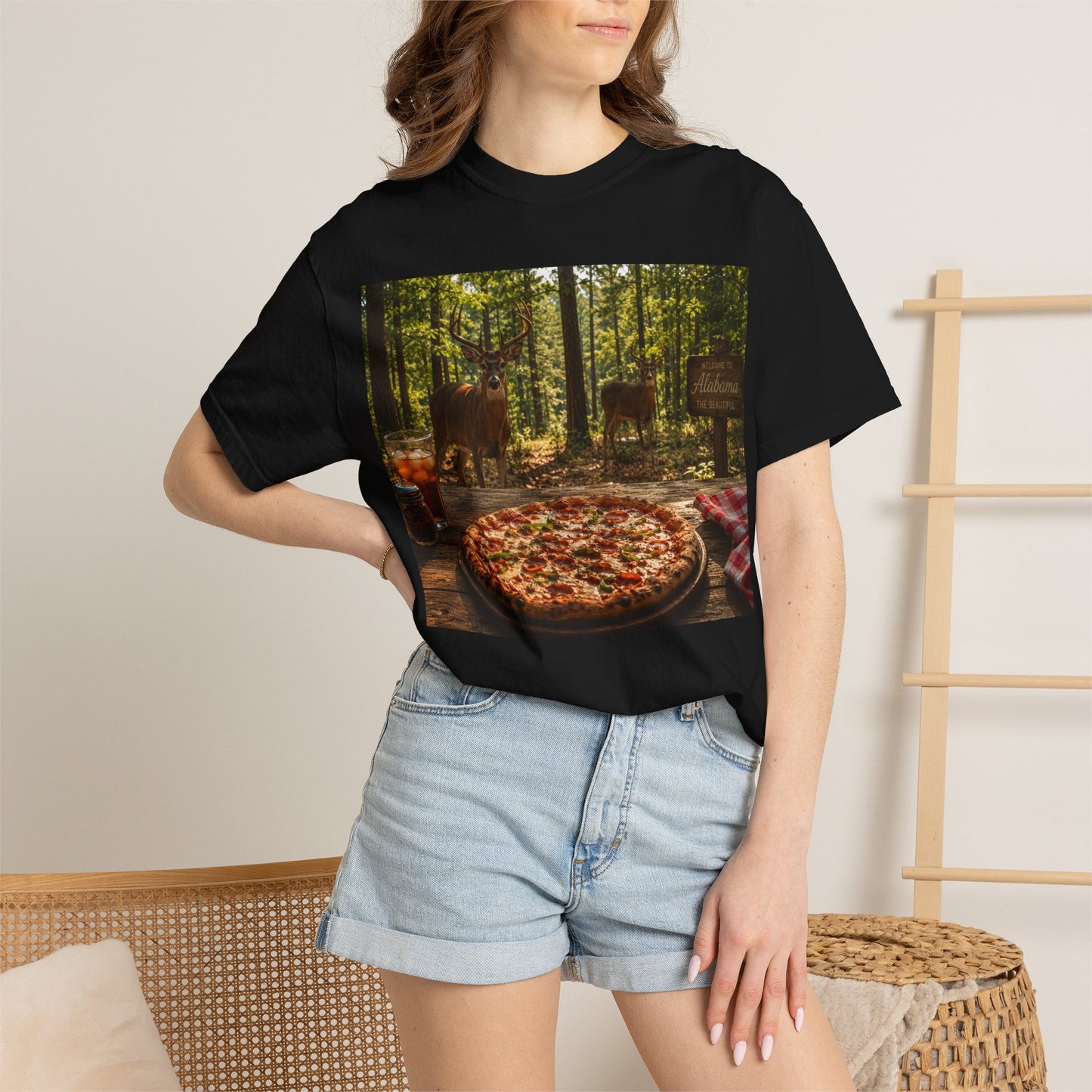 Pizza Picnic T‑Shirt — Forest Camping Pizza Scene