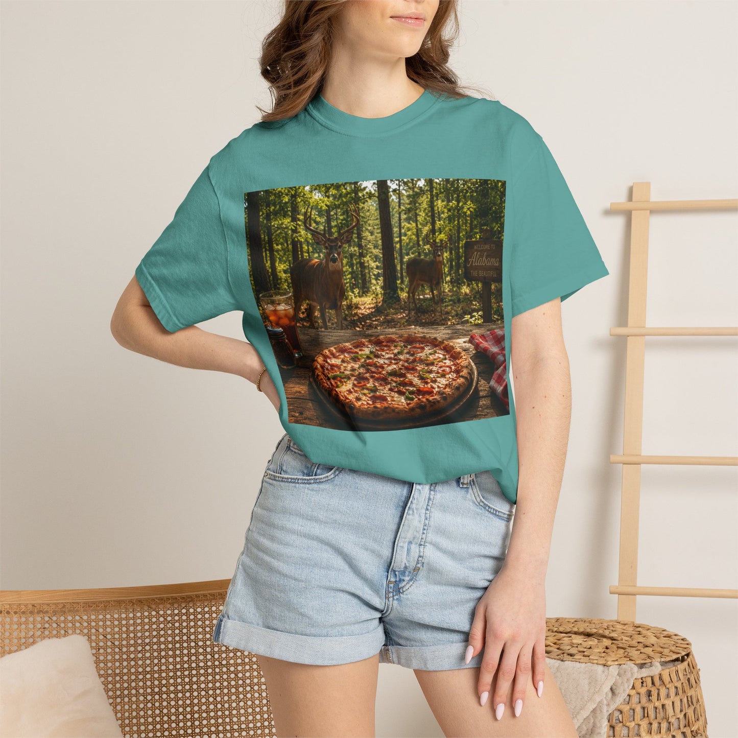 Pizza Picnic T‑Shirt — Forest Camping Pizza Scene
