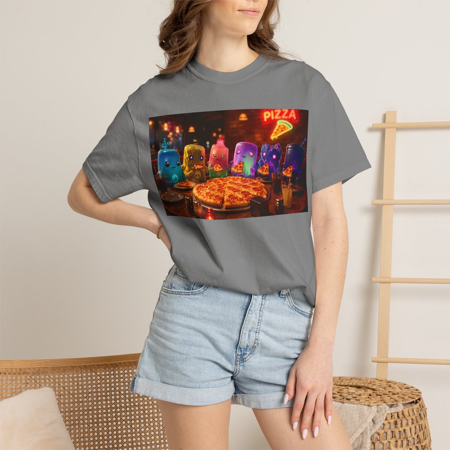 Pizza Night Ghosts T-Shirt — Neon Retro Pizza Party Tee