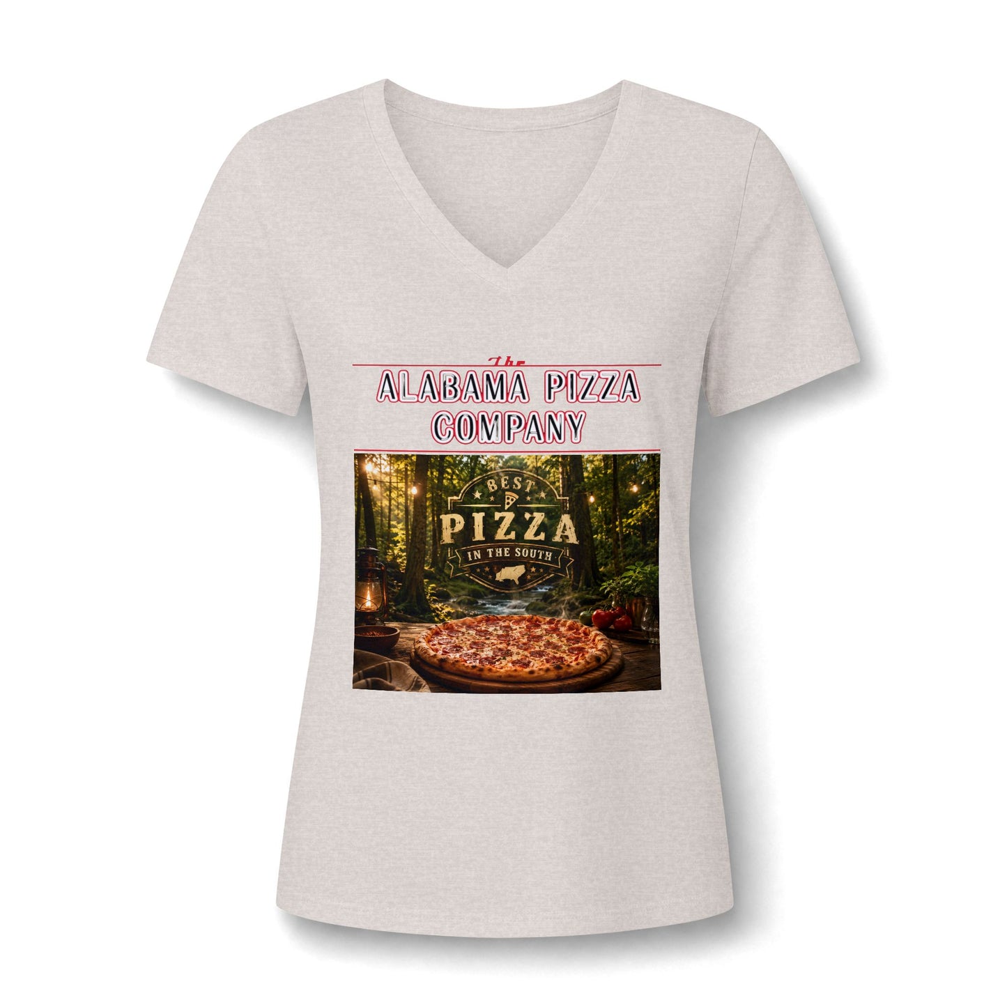 Pizza Company V-Neck Tee — "Mama Pizza Company" Rustic Wood-Fired Pizza Graphic
