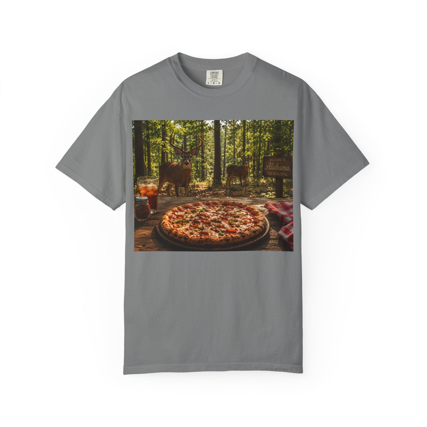 Pizza Picnic T‑Shirt — Forest Camping Pizza Scene