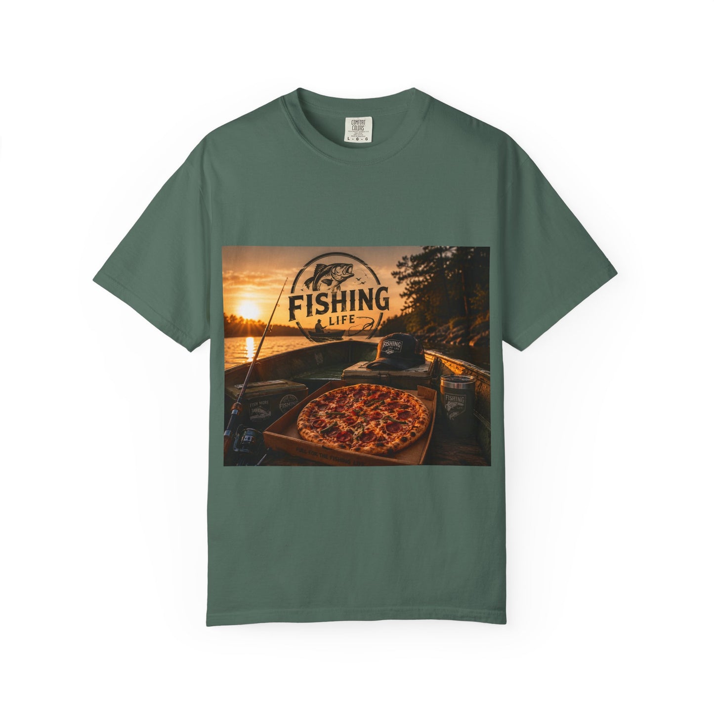 Fishing Life T-Shirt — Sunset Boat Pizza Graphic Tee