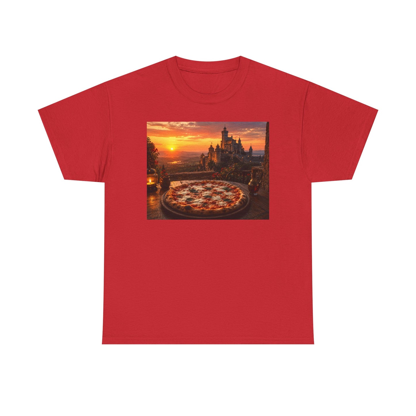 Pizza Sunset T‑Shirt — Scenic Castle & Pizza Print Tee