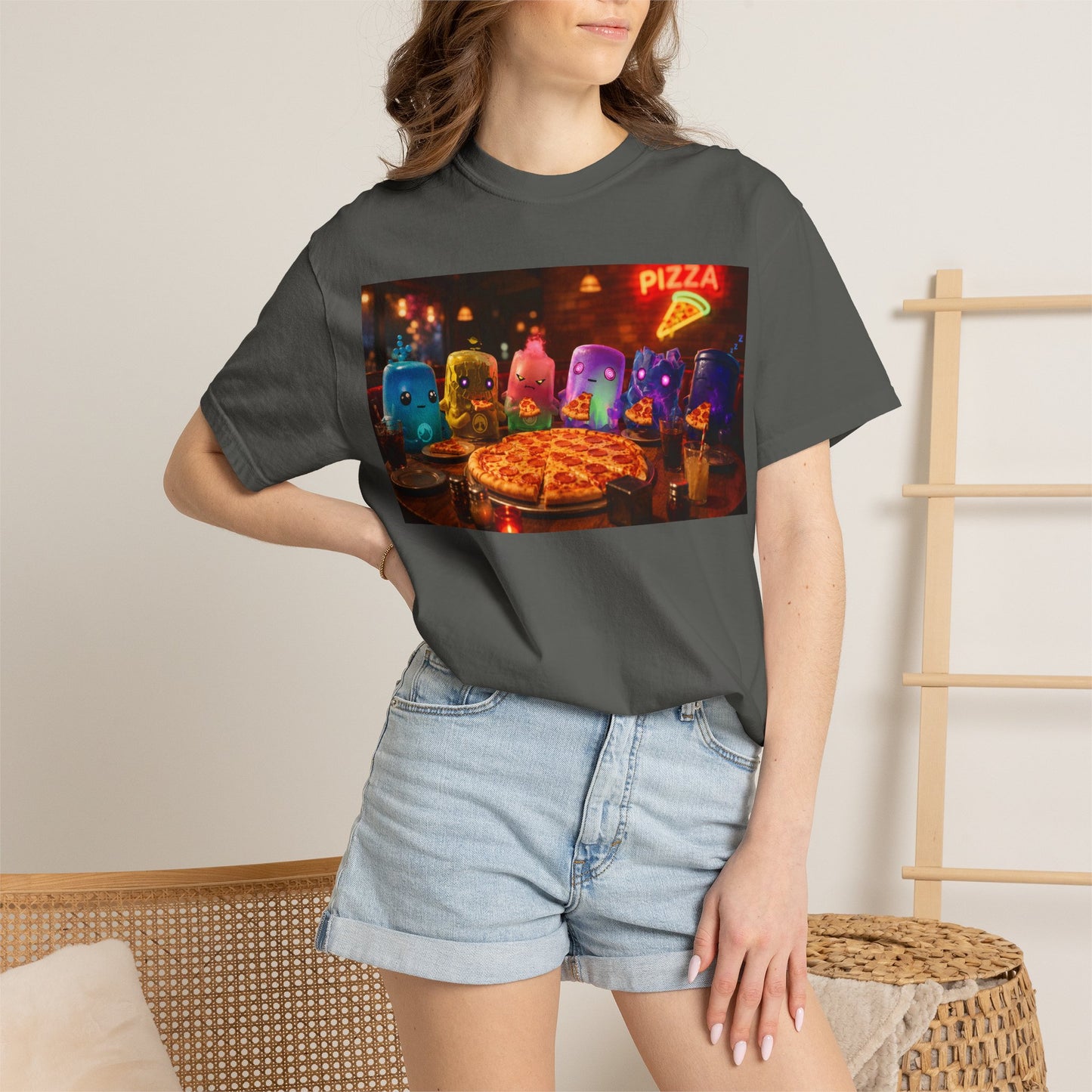 Pizza Night Ghosts T-Shirt — Neon Retro Pizza Party Tee