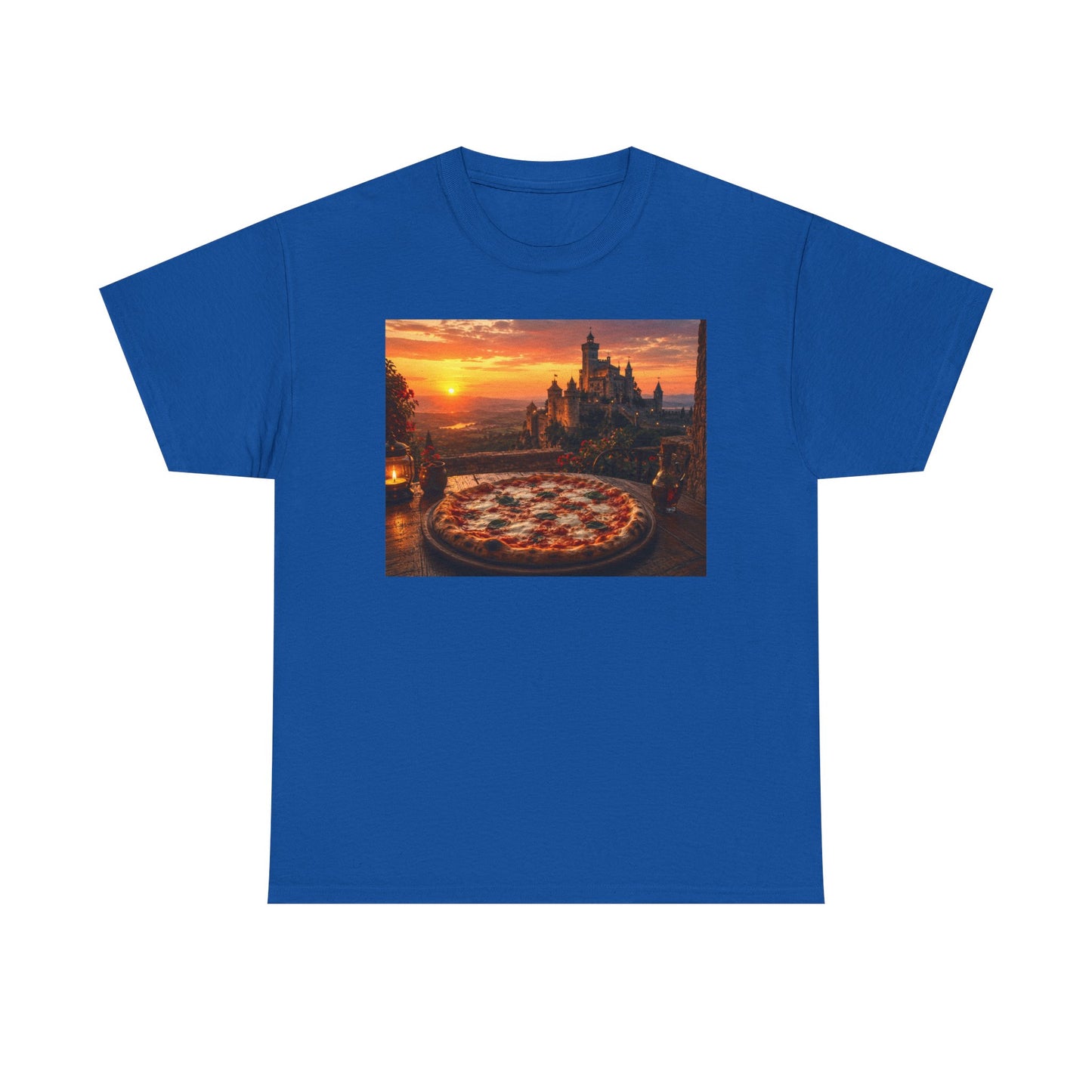 Pizza Sunset T‑Shirt — Scenic Castle & Pizza Print Tee
