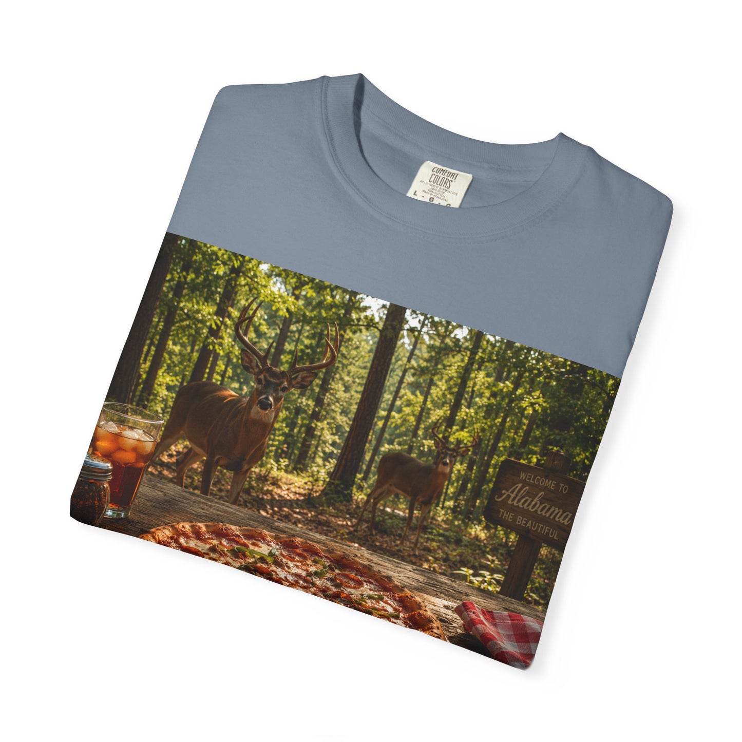 Pizza Picnic T‑Shirt — Forest Camping Pizza Scene