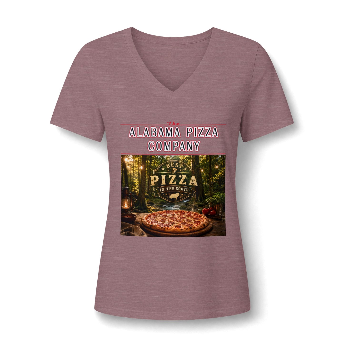 Pizza Company V-Neck Tee — "Mama Pizza Company" Rustic Wood-Fired Pizza Graphic