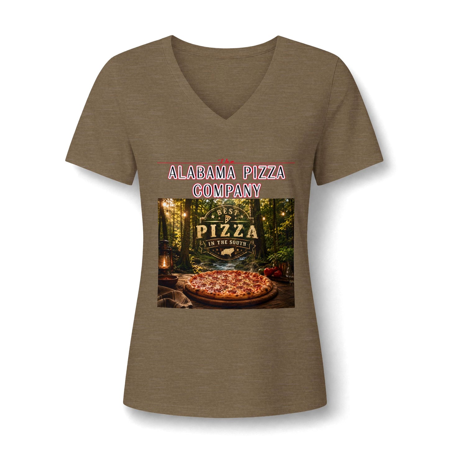 Pizza Company V-Neck Tee — Rustic Wood-Fired Pizza Graphic