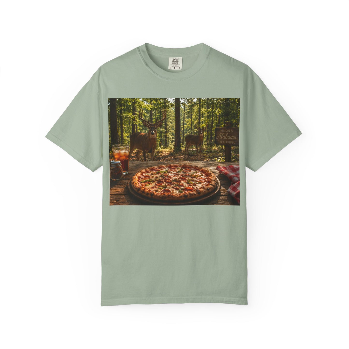 Pizza Picnic T‑Shirt — Forest Camping Pizza Scene