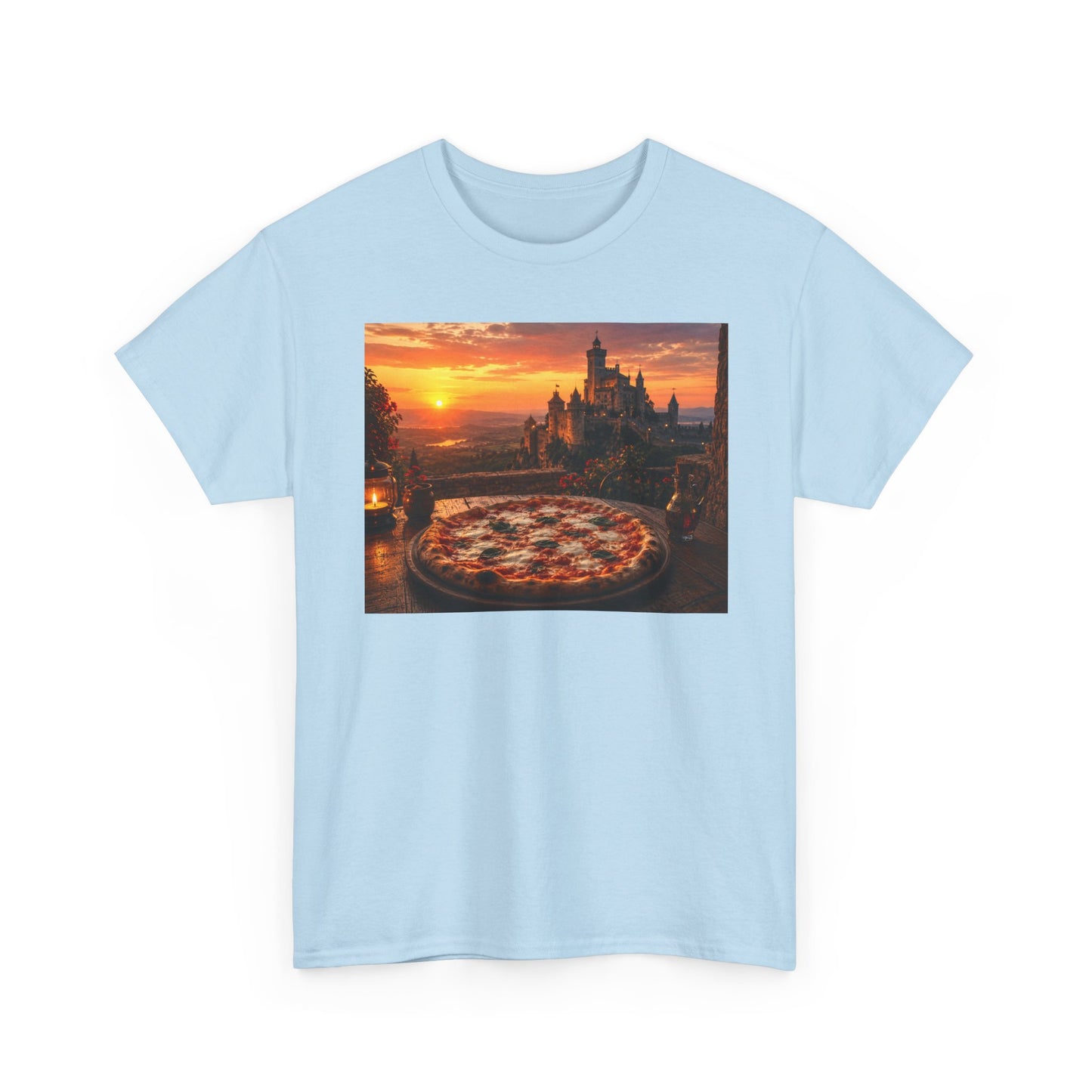 Pizza Sunset T‑Shirt — Scenic Castle & Pizza Print Tee