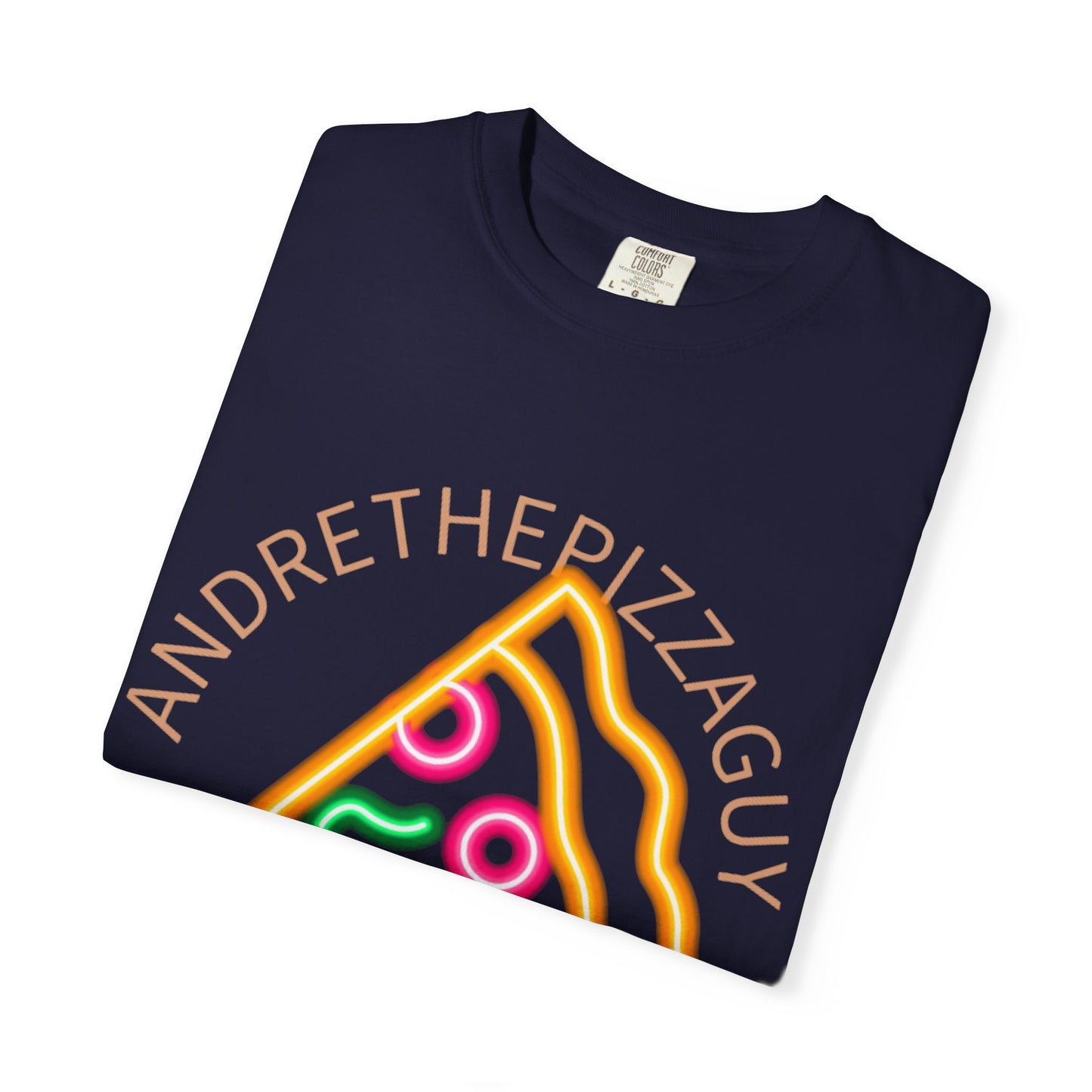 Pizza Slice Graphic T-Shirt – "ANDRETHEPIZZAGUY" Neon Design