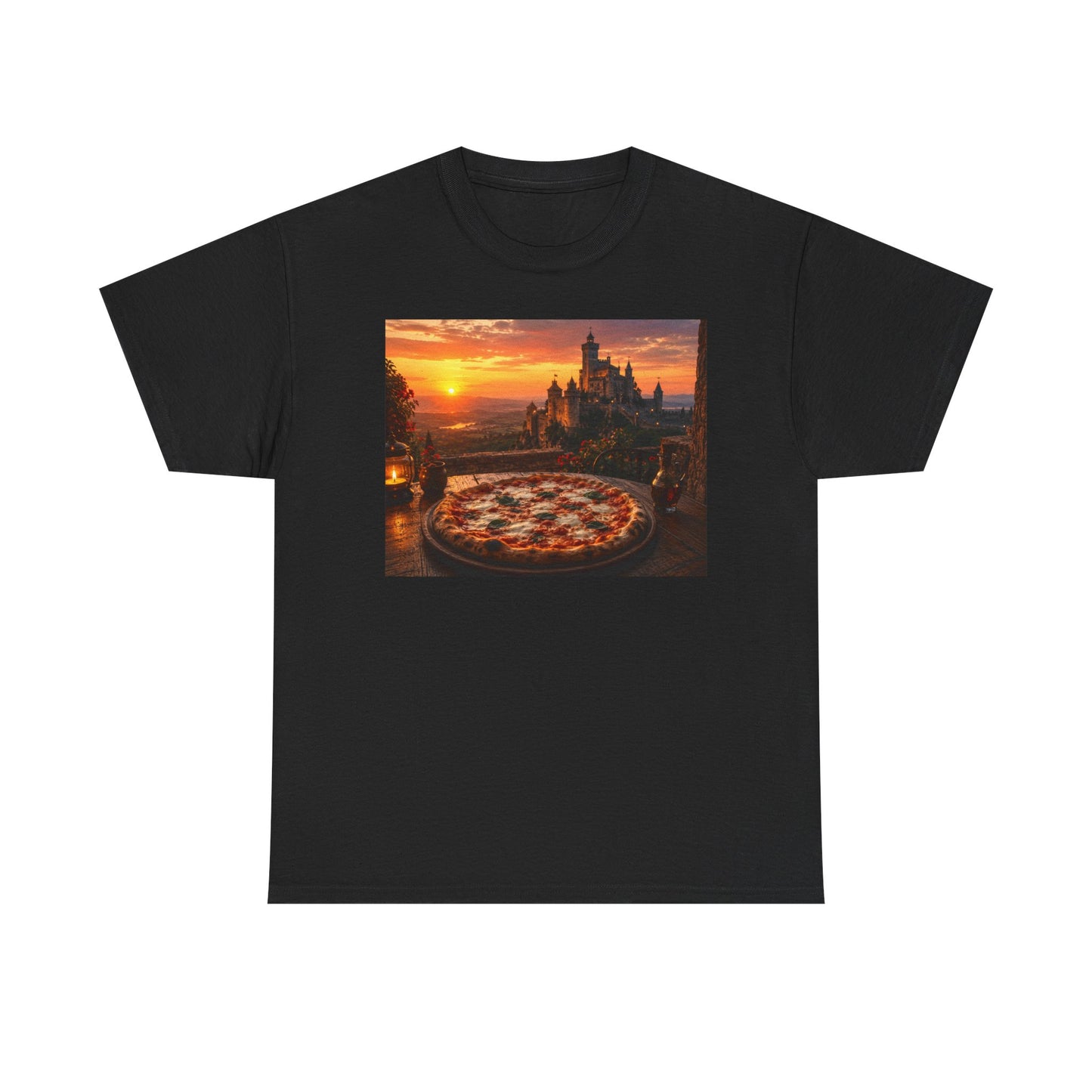 Pizza Sunset T‑Shirt — Scenic Castle & Pizza Print Tee