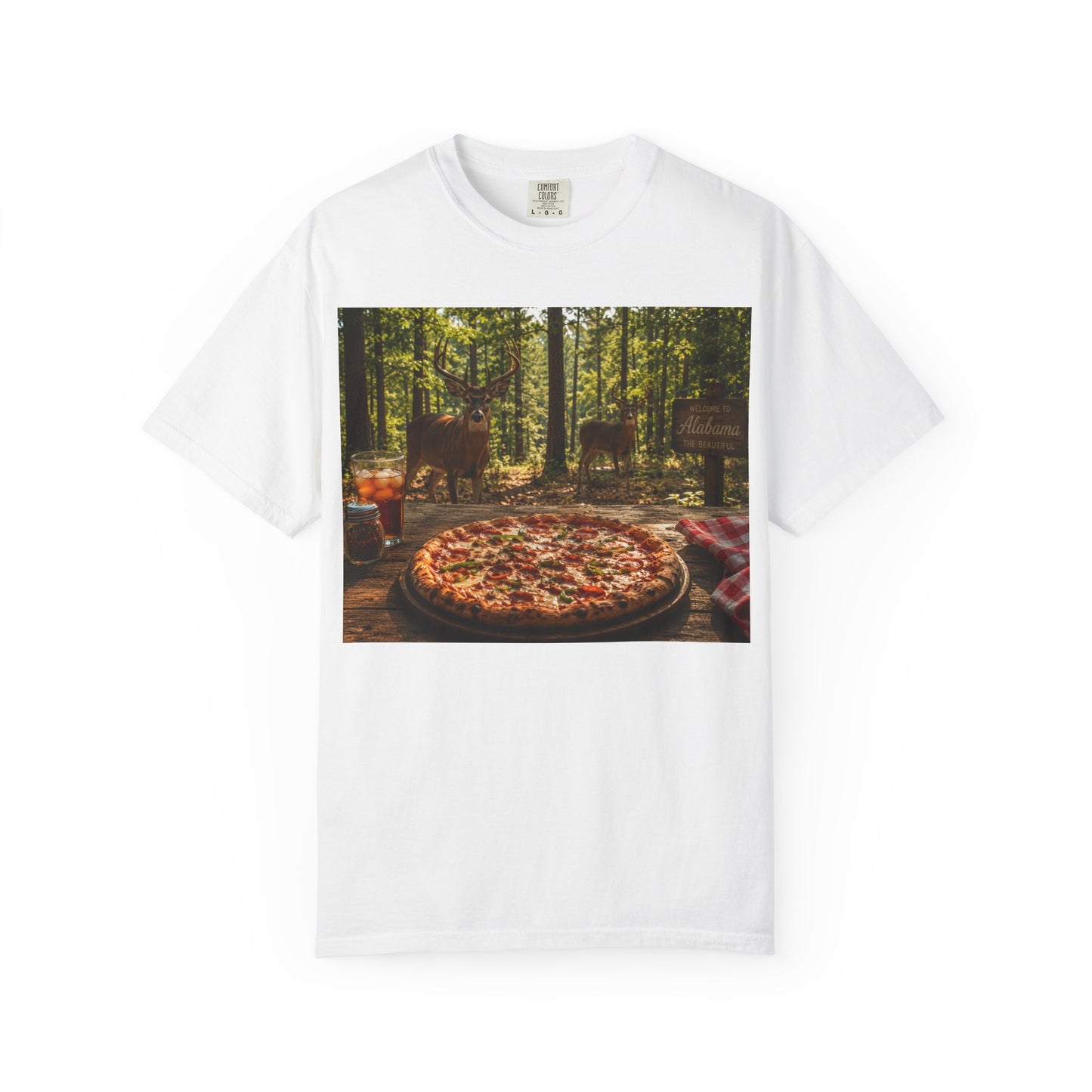 Pizza Picnic T‑Shirt — Forest Camping Pizza Scene