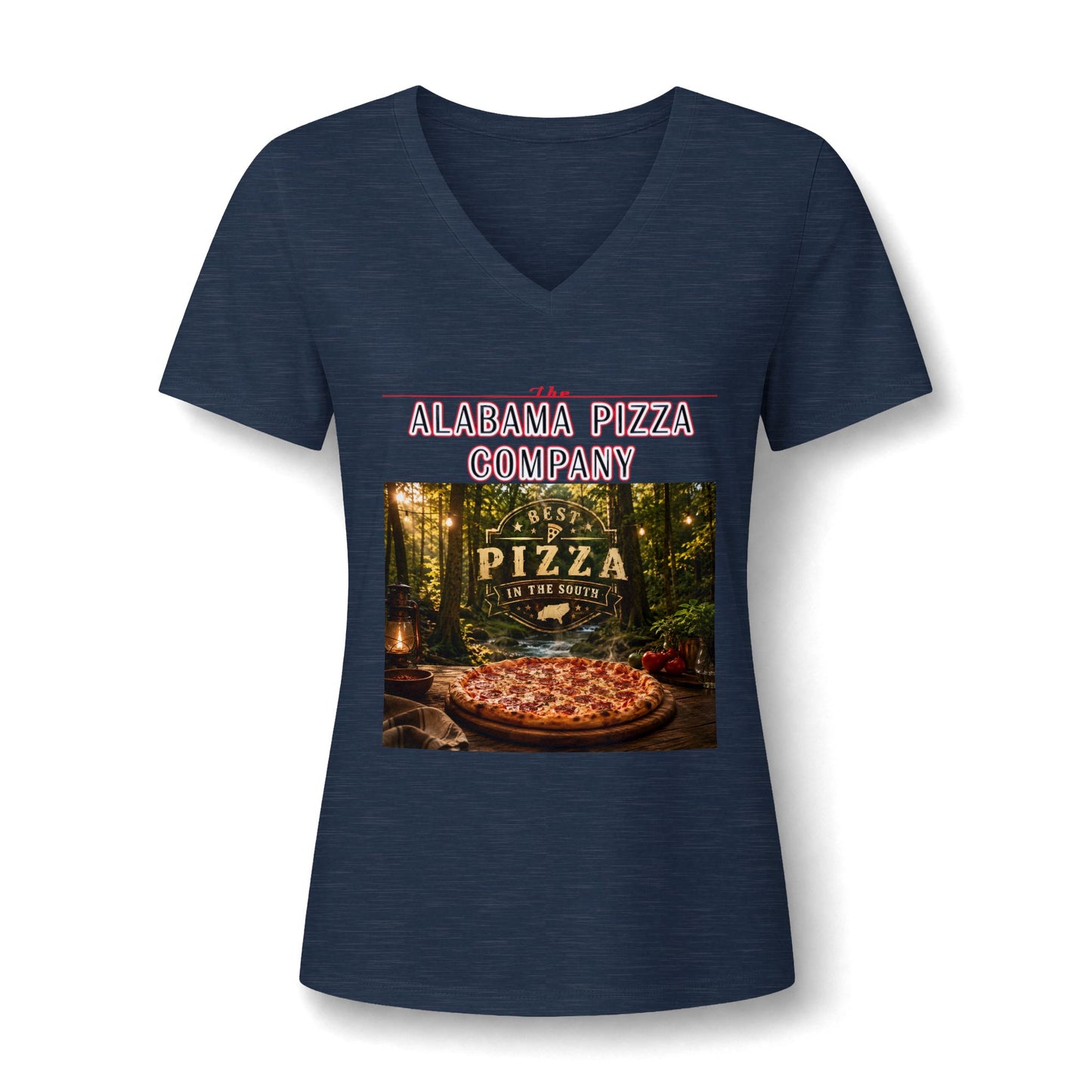 Pizza Company V-Neck Tee — Rustic Wood-Fired Pizza Graphic