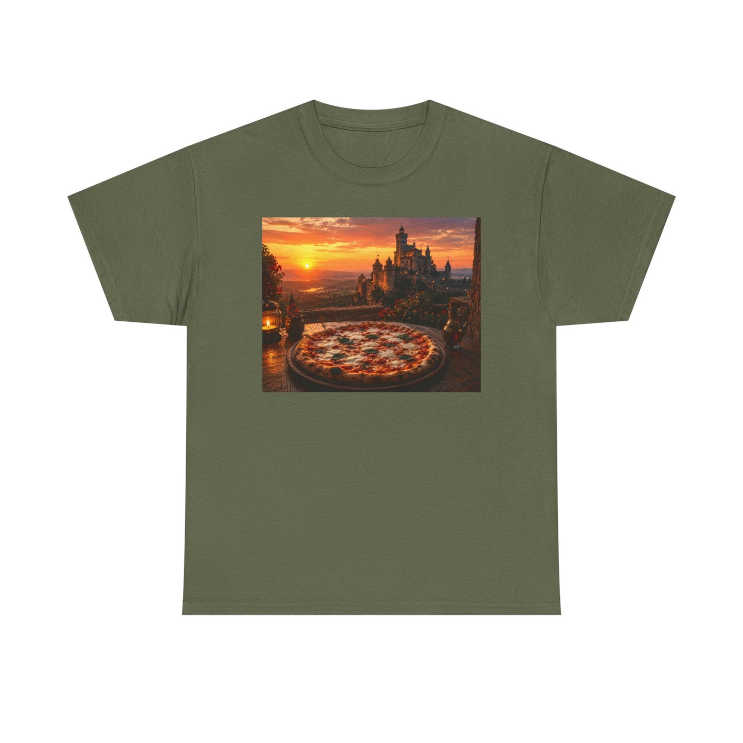 Pizza Sunset T‑Shirt — Scenic Castle & Pizza Print Tee