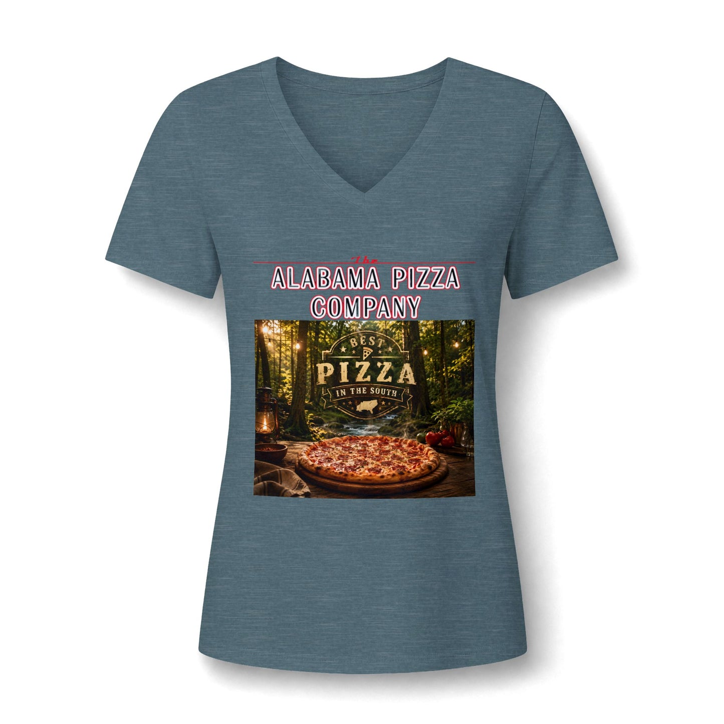 Pizza Company V-Neck Tee — Rustic Wood-Fired Pizza Graphic