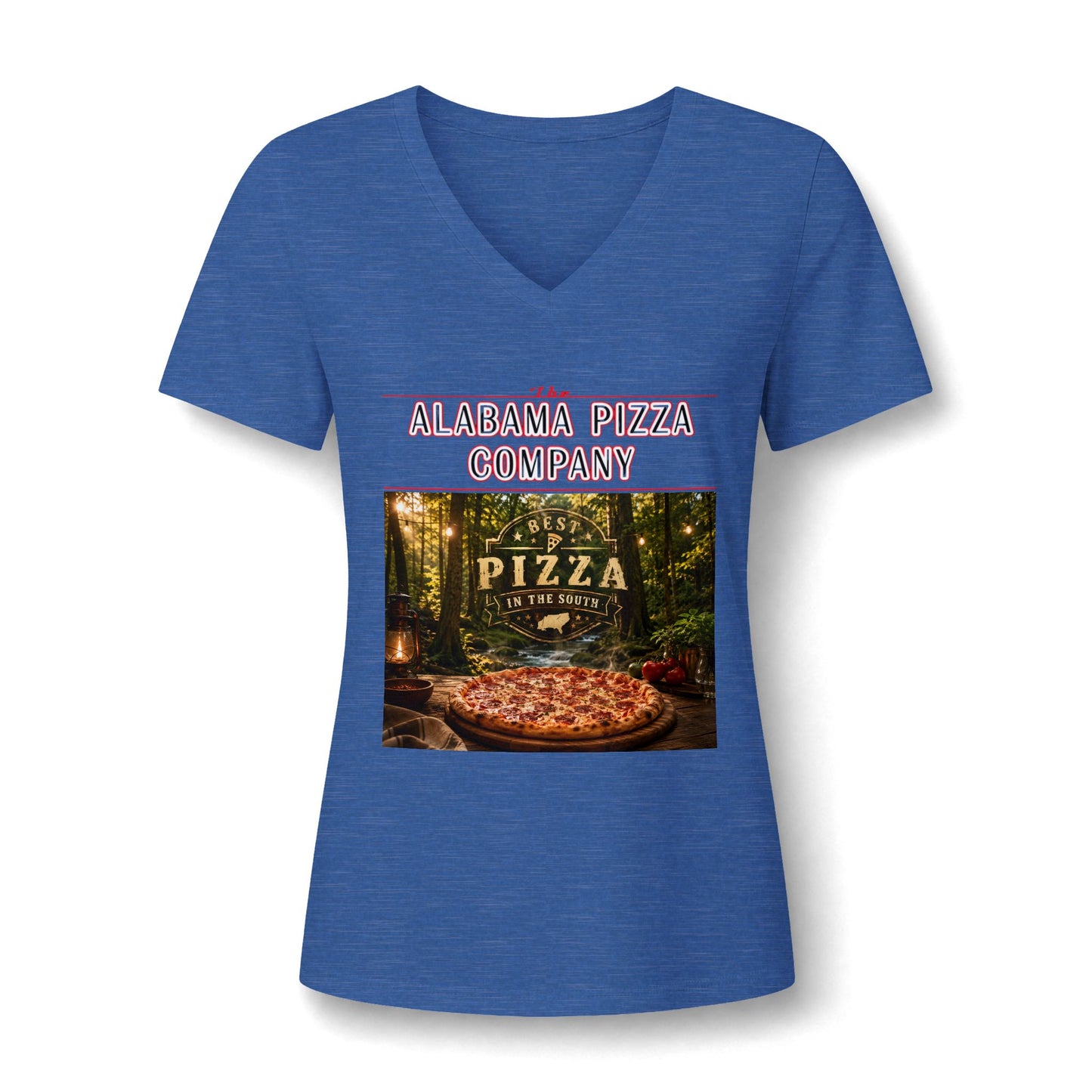 Pizza Company V-Neck Tee — "Mama Pizza Company" Rustic Wood-Fired Pizza Graphic