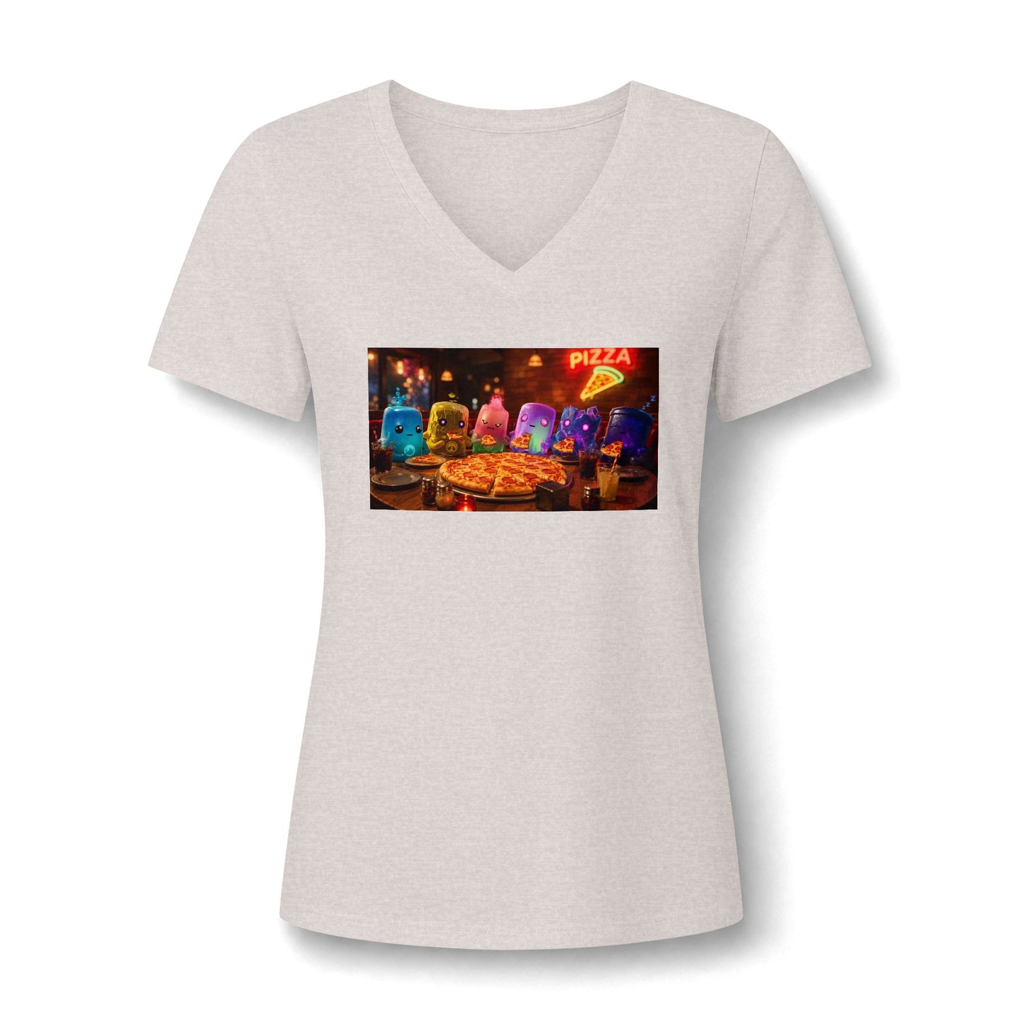 Pizza Night V‑Neck Tee — Colorful Arcade Slice Design