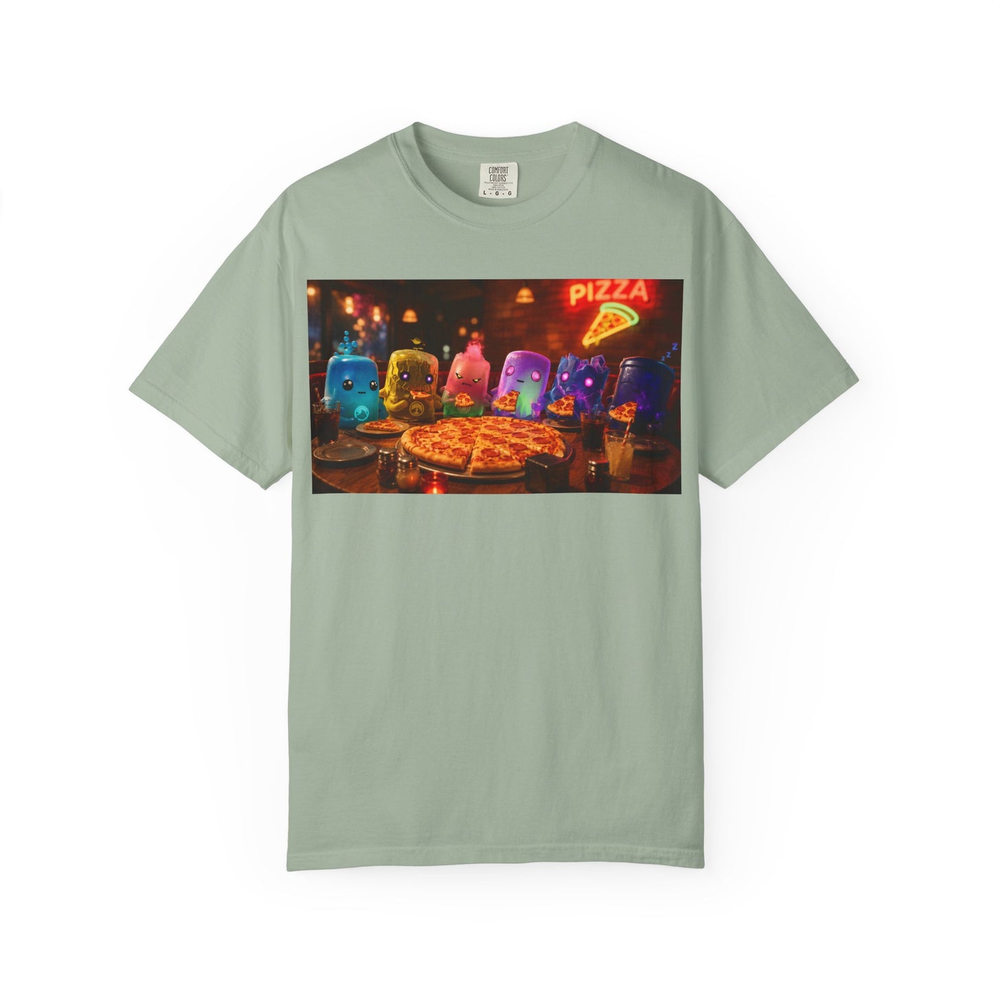 Pizza Night Ghosts T-Shirt — Neon Retro Pizza Party Tee
