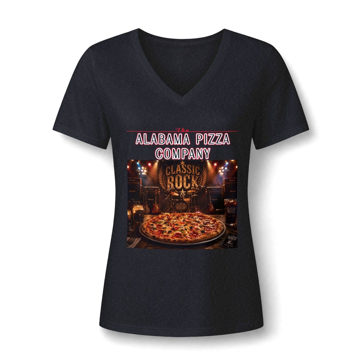 Pizza Company V-Neck Tee — "Classic Rock" Pizzeria Graphic