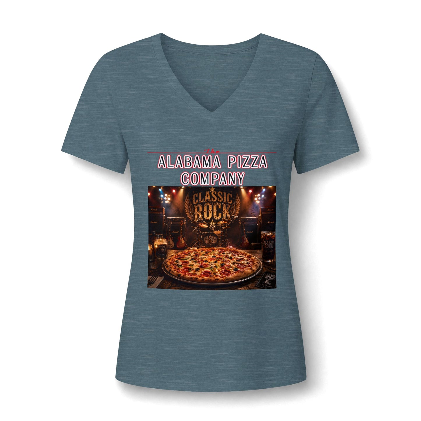 Pizza Company V-Neck Tee — "Classic Rock" Pizzeria Graphic