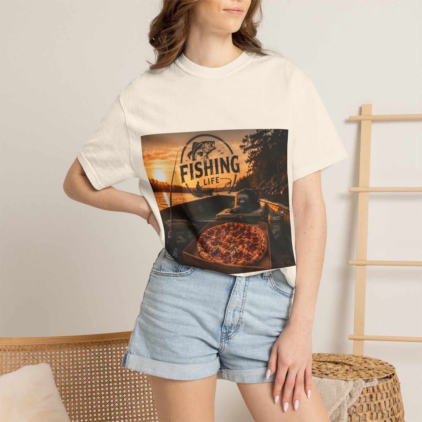 Fishing Life T-Shirt — Sunset Boat Pizza Graphic Tee
