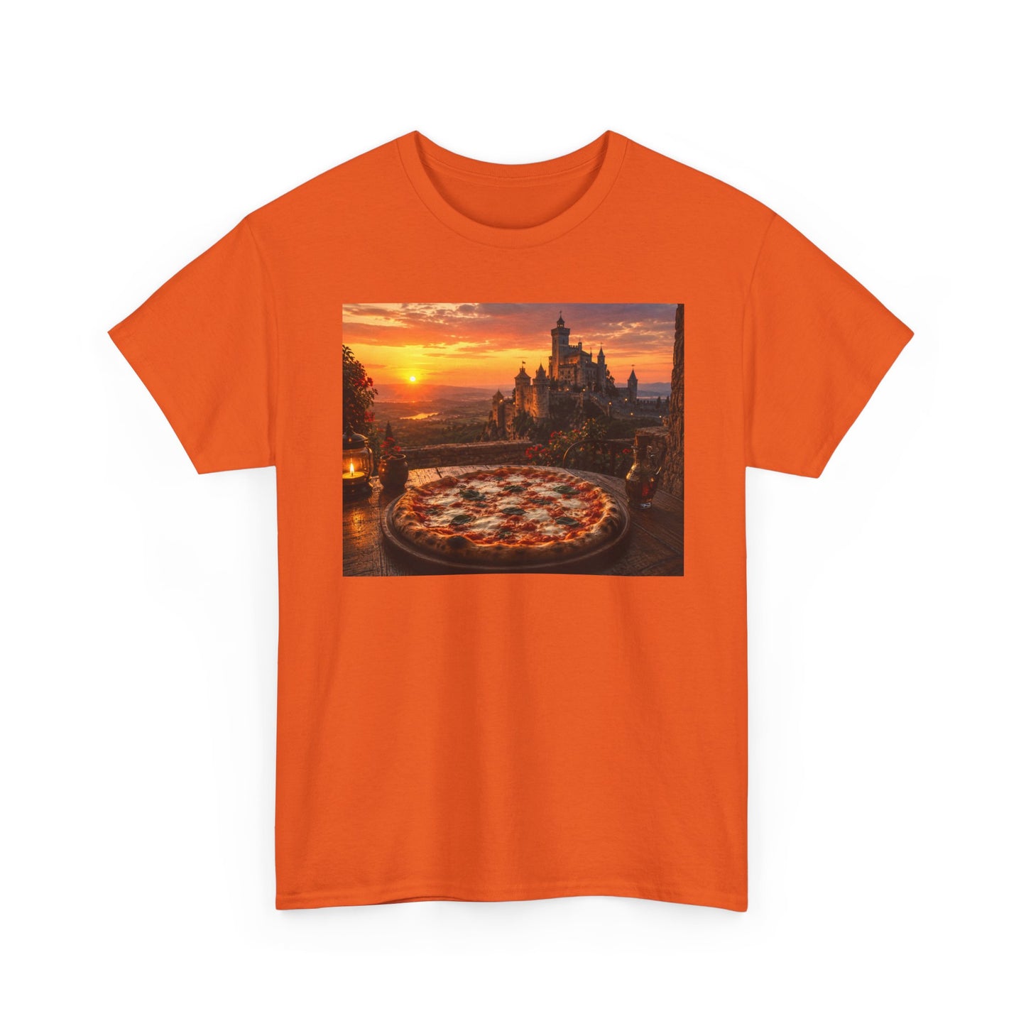 Pizza Sunset T‑Shirt — Scenic Castle & Pizza Print Tee