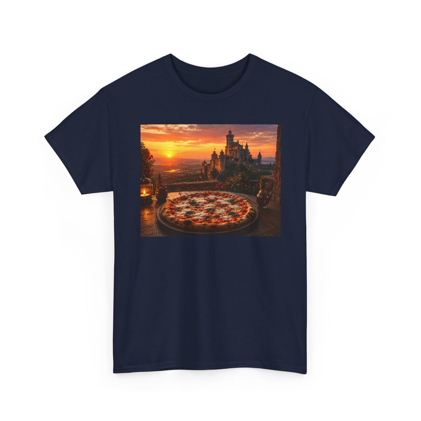 Pizza Sunset T‑Shirt — Scenic Castle & Pizza Print Tee