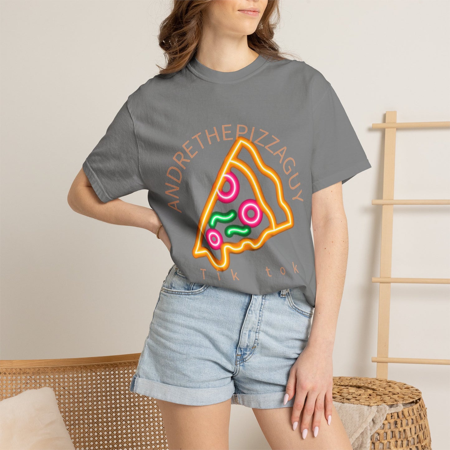 Pizza Slice Graphic T-Shirt – "ANDRETHEPIZZAGUY" Neon Design