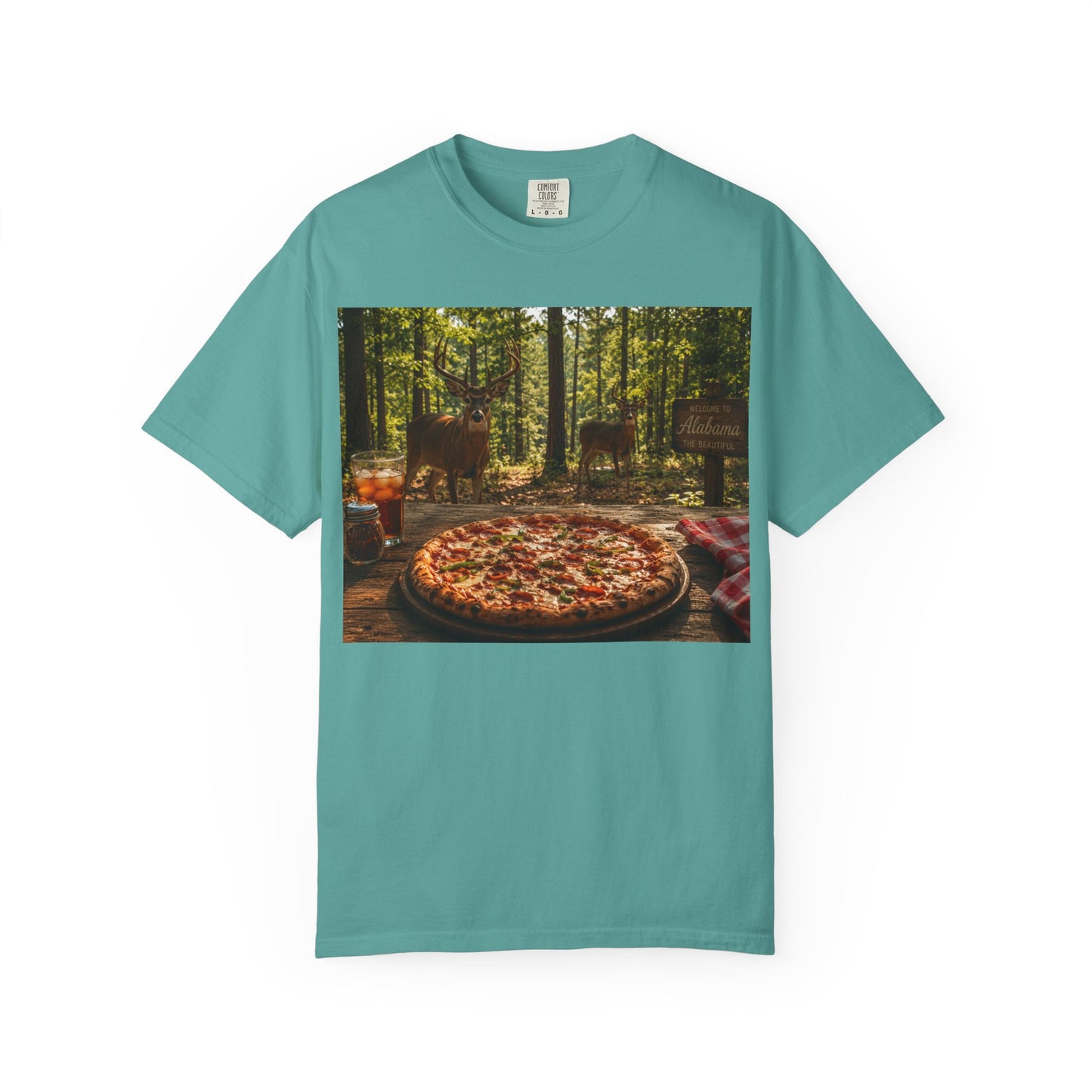 Pizza Picnic T‑Shirt — Forest Camping Pizza Scene