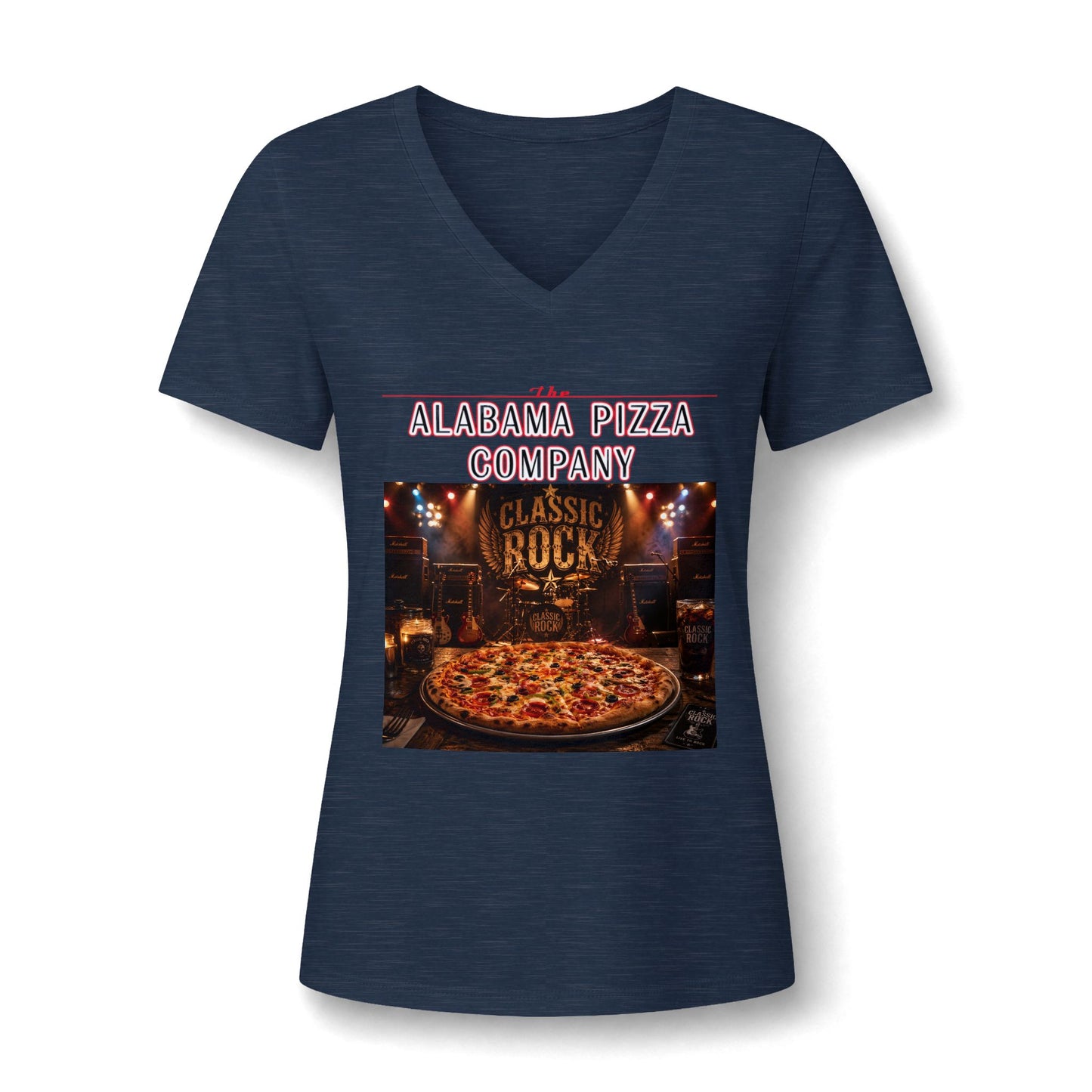 Pizza Company V-Neck Tee — "Classic Rock" Pizzeria Graphic