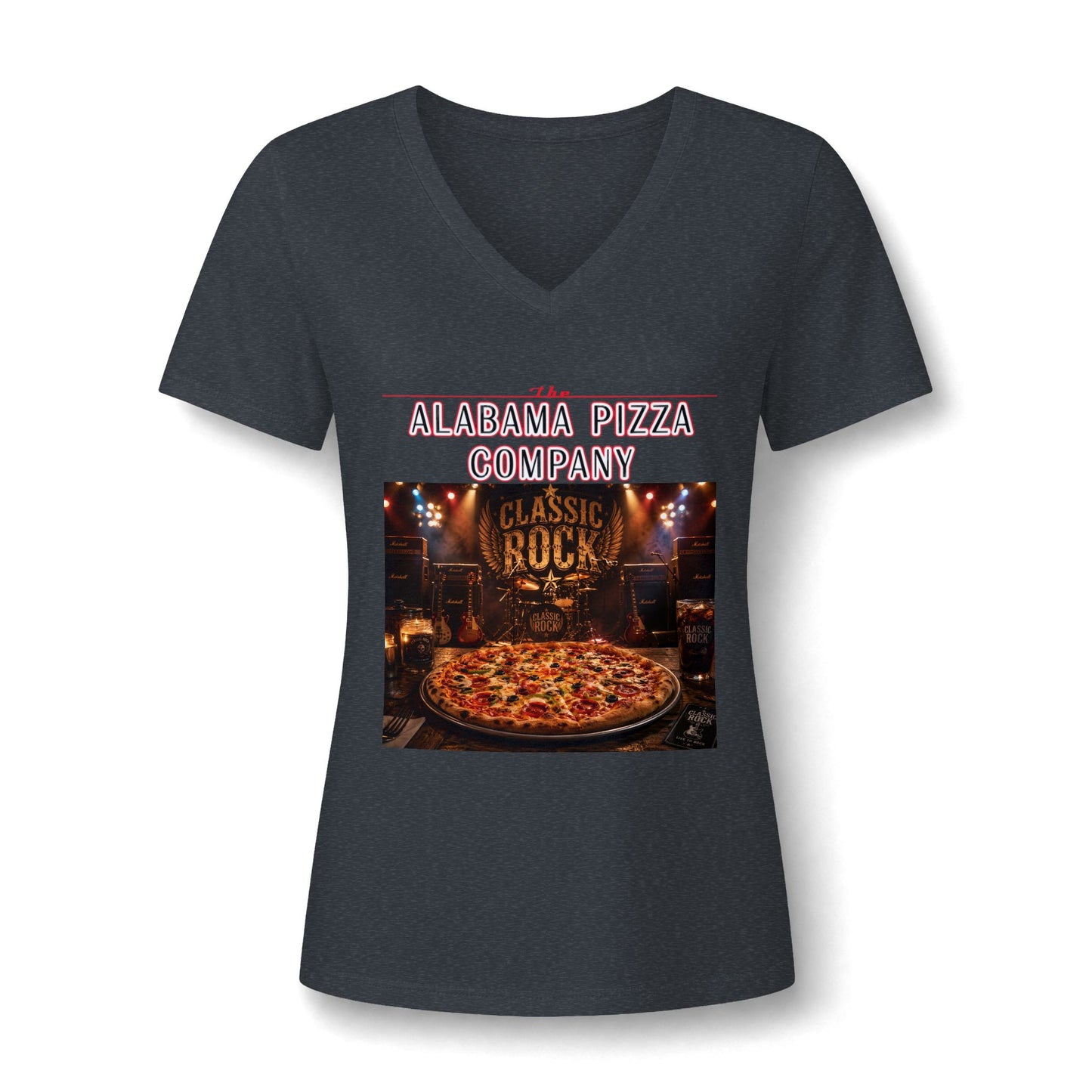 Pizza Company V-Neck Tee — "Classic Rock" Pizzeria Graphic