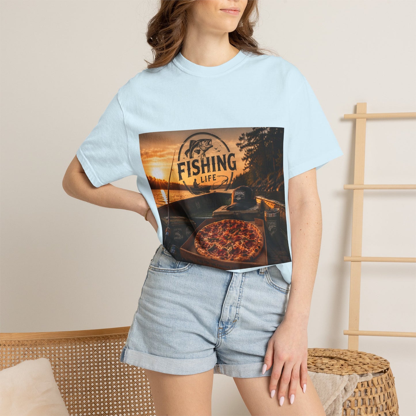 Fishing Life T-Shirt — Sunset Boat Pizza Graphic Tee