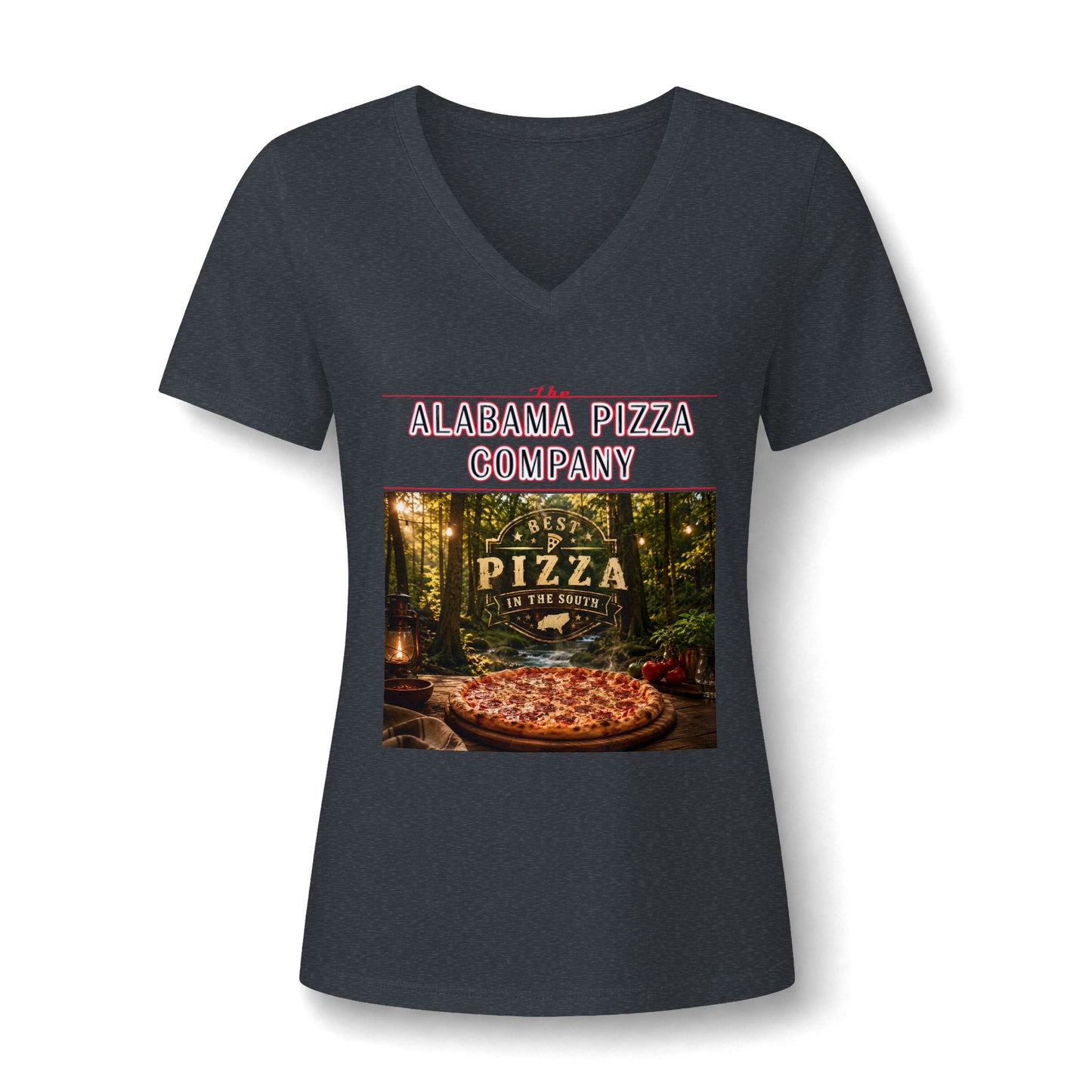 Pizza Company V-Neck Tee — "Mama Pizza Company" Rustic Wood-Fired Pizza Graphic