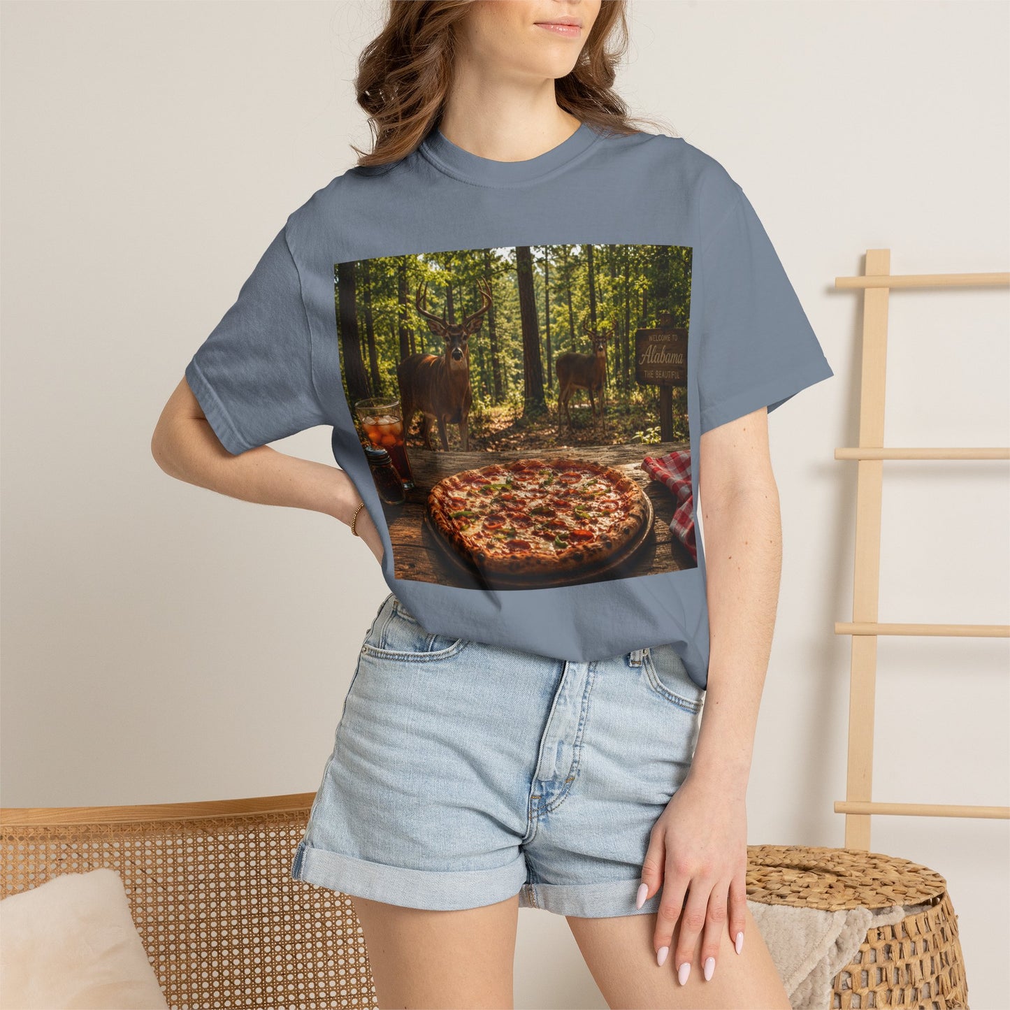 Pizza Picnic T‑Shirt — Forest Camping Pizza Scene