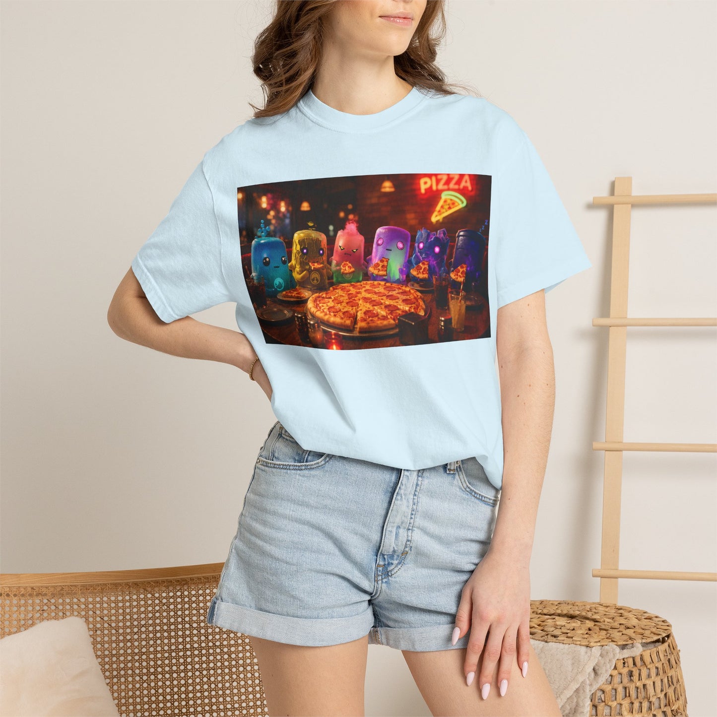 Pizza Night Ghosts T-Shirt — Neon Retro Pizza Party Tee