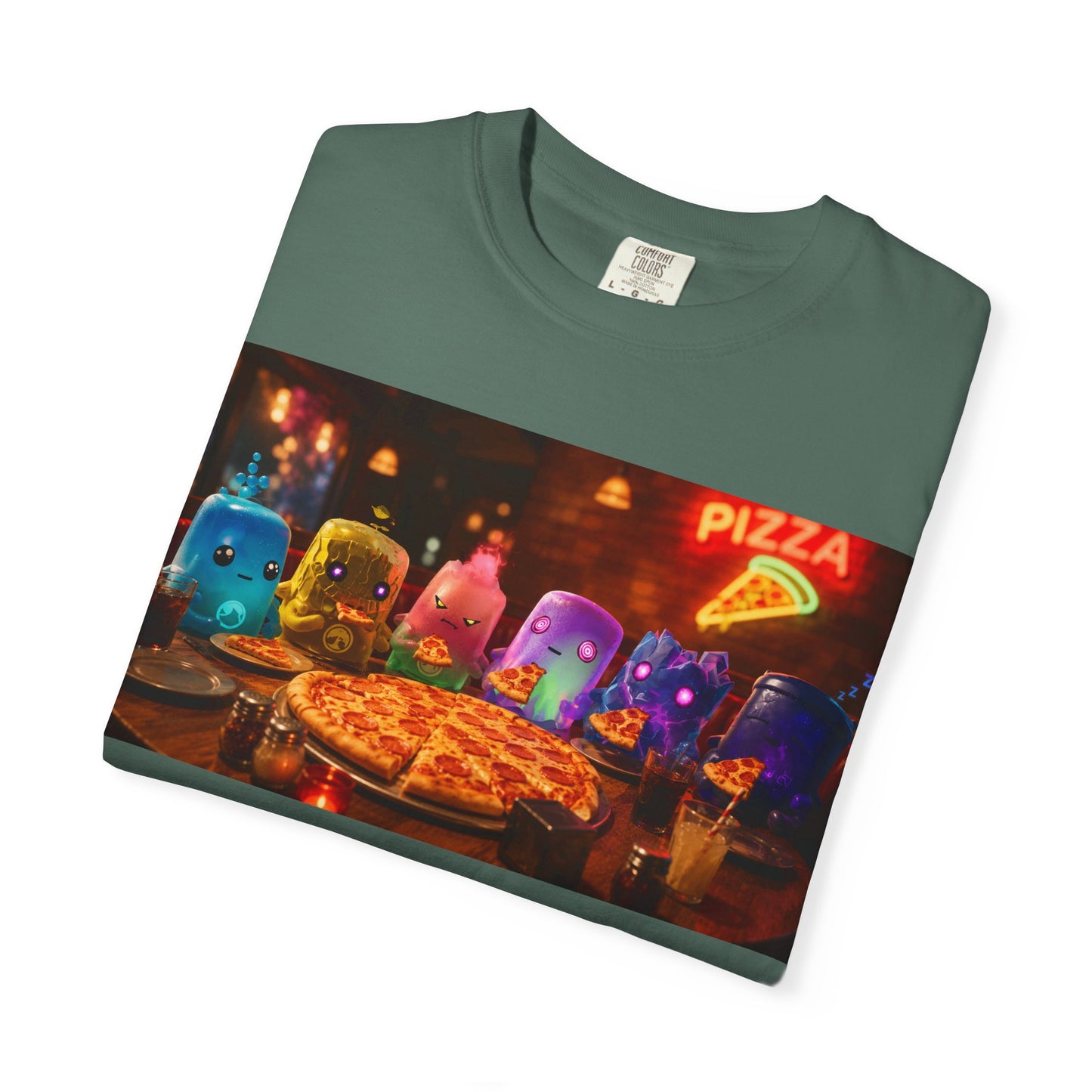 Pizza Night Ghosts T-Shirt — Neon Retro Pizza Party Tee