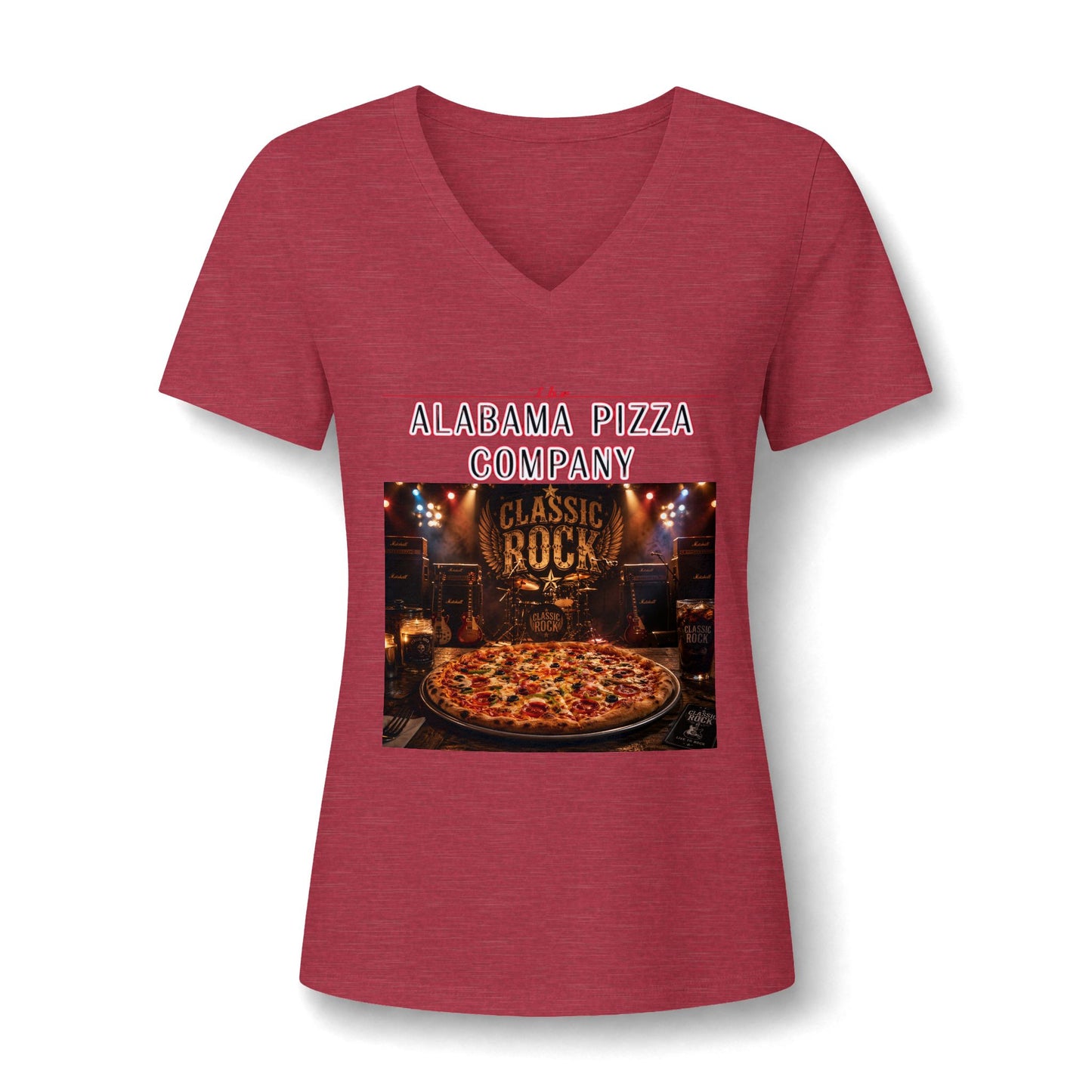 Pizza Company V-Neck Tee — "Classic Rock" Pizzeria Graphic