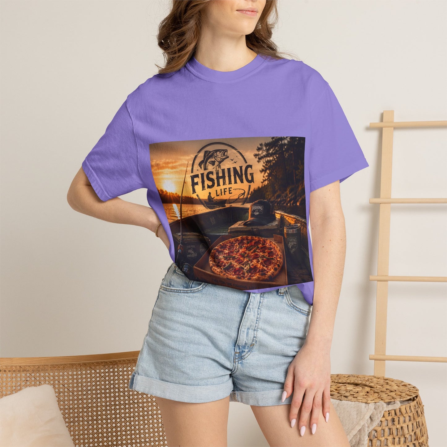 Fishing Life T-Shirt — Sunset Boat Pizza Graphic Tee