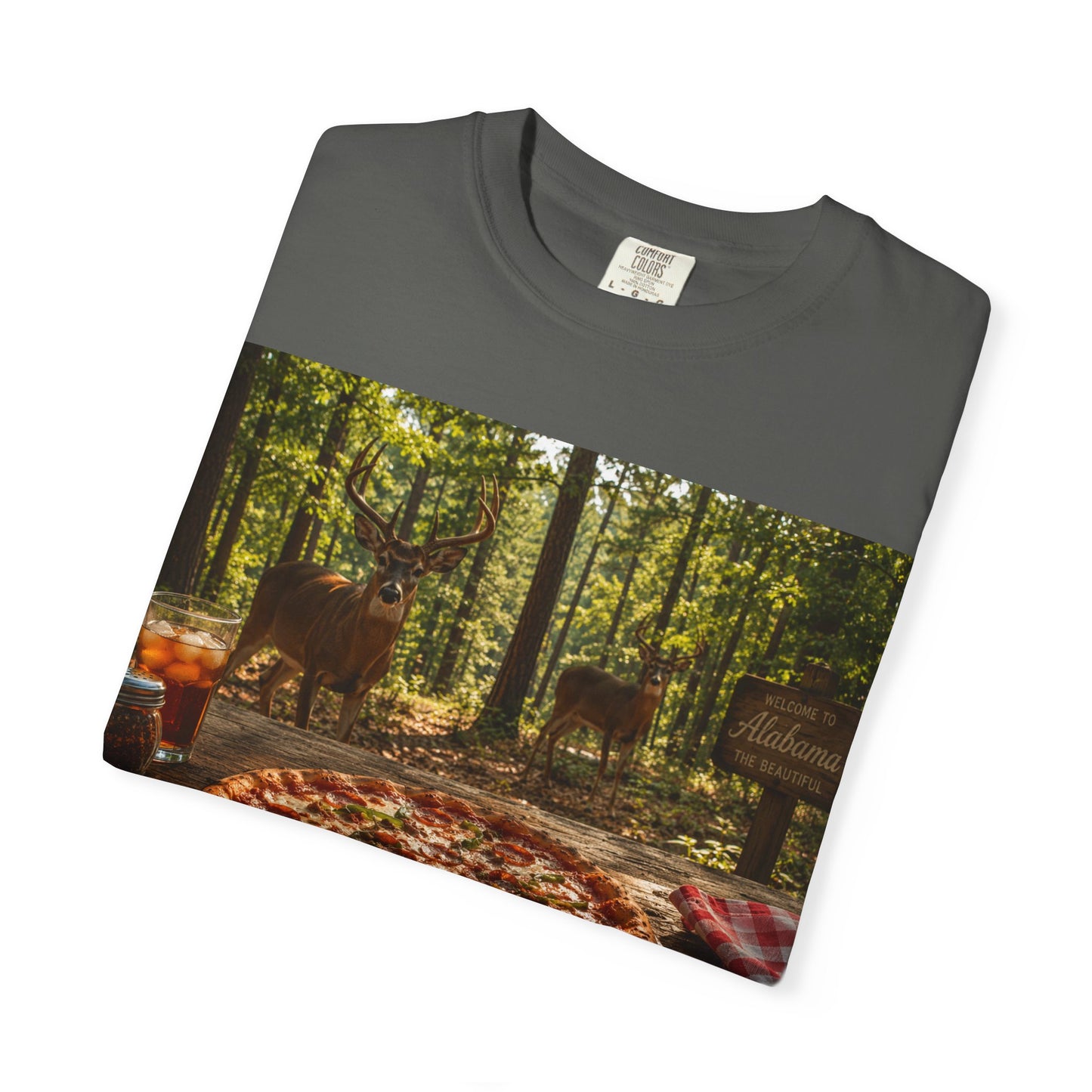 Pizza Picnic T‑Shirt — Forest Camping Pizza Scene