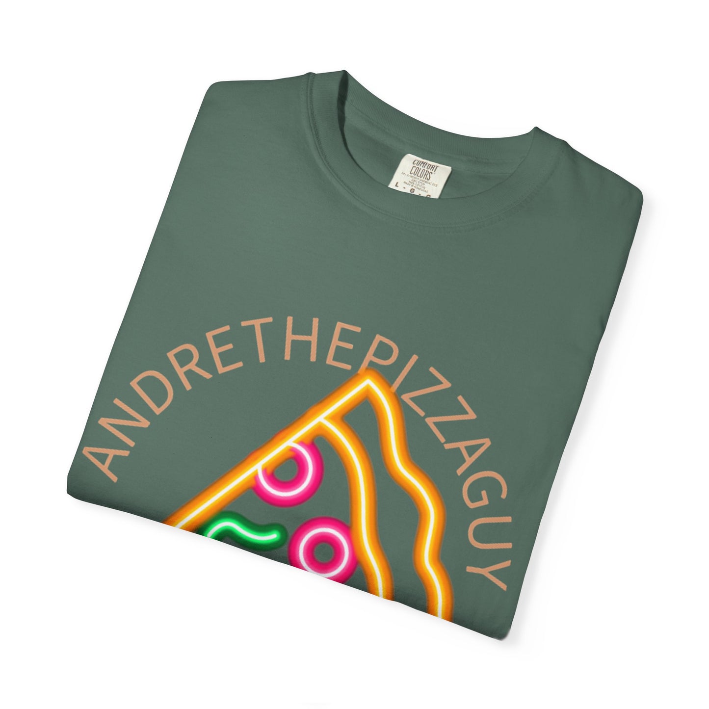 Pizza Slice Graphic T-Shirt – "ANDRETHEPIZZAGUY" Neon Design