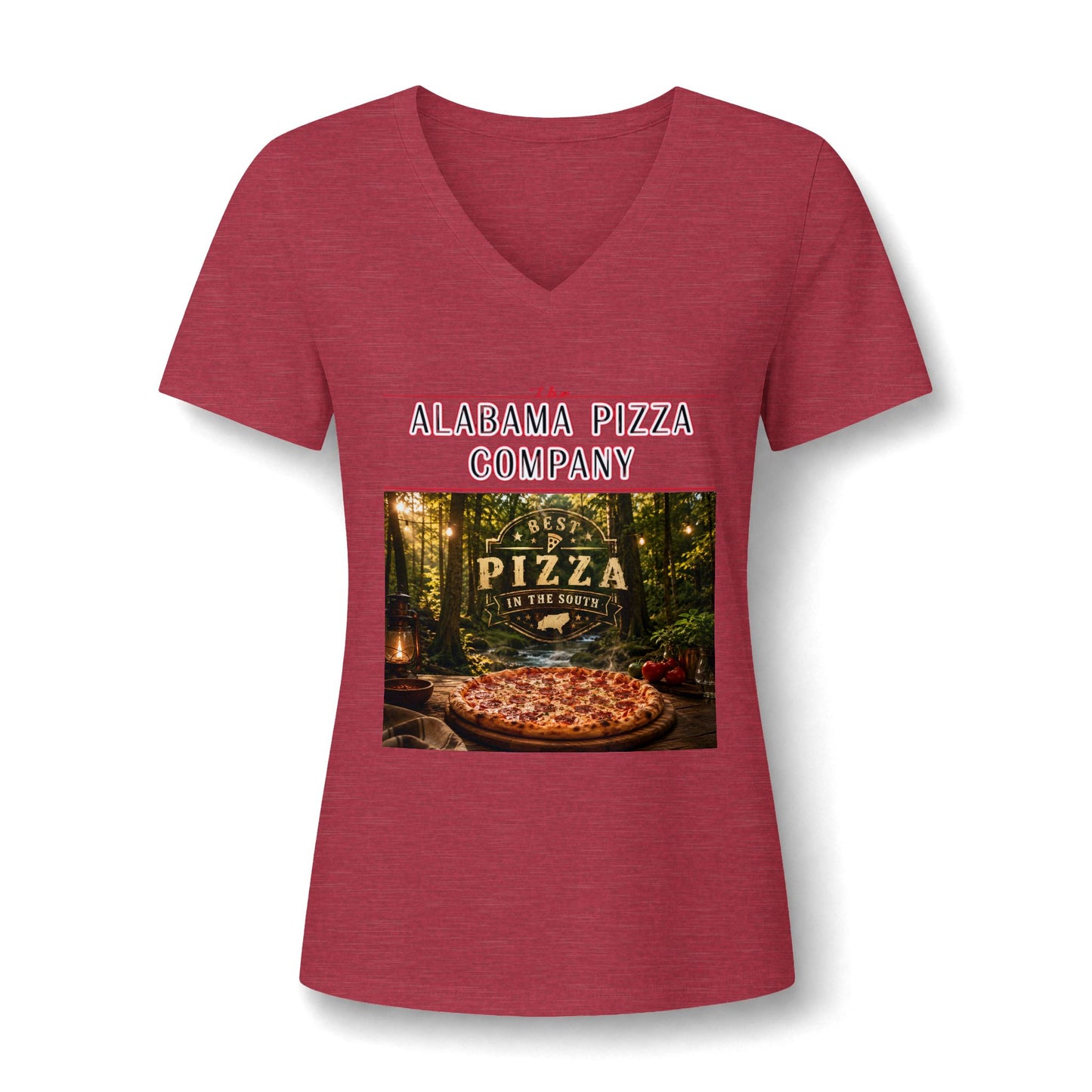 Pizza Company V-Neck Tee — "Mama Pizza Company" Rustic Wood-Fired Pizza Graphic