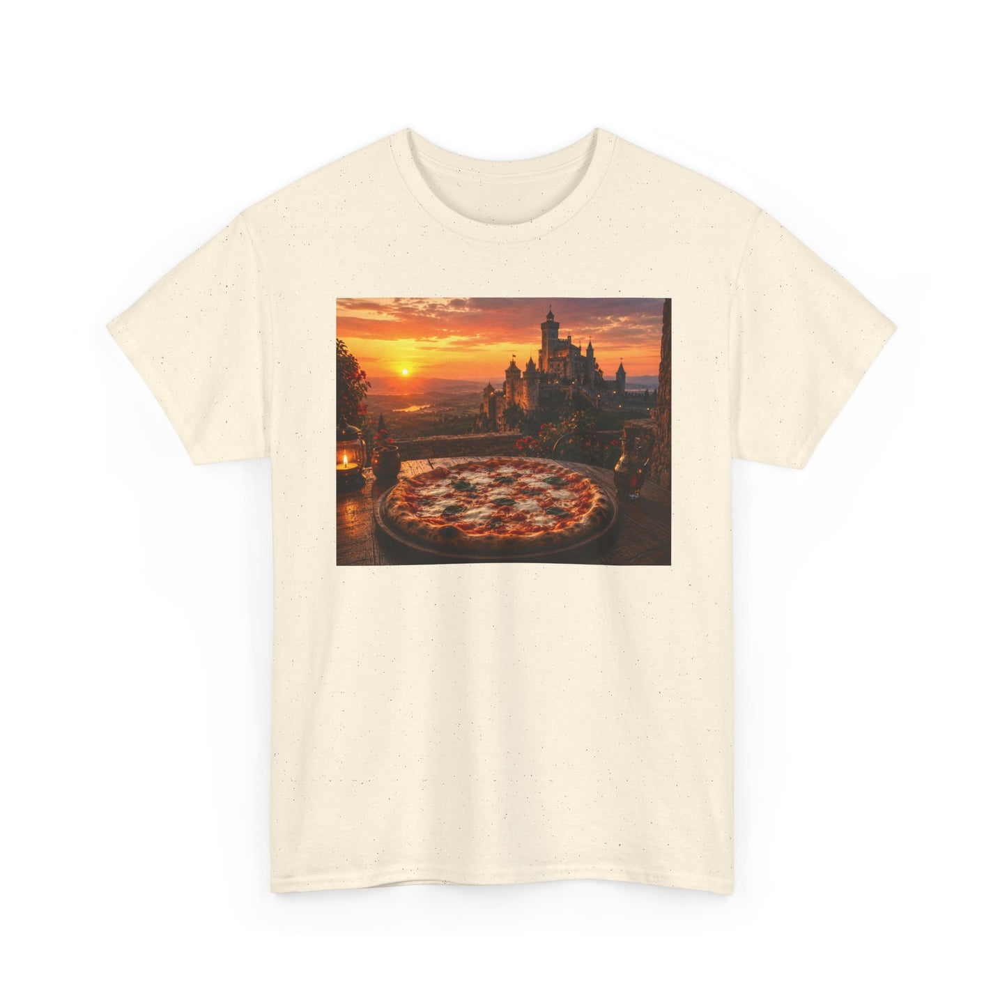 Pizza Sunset T‑Shirt — Scenic Castle & Pizza Print Tee